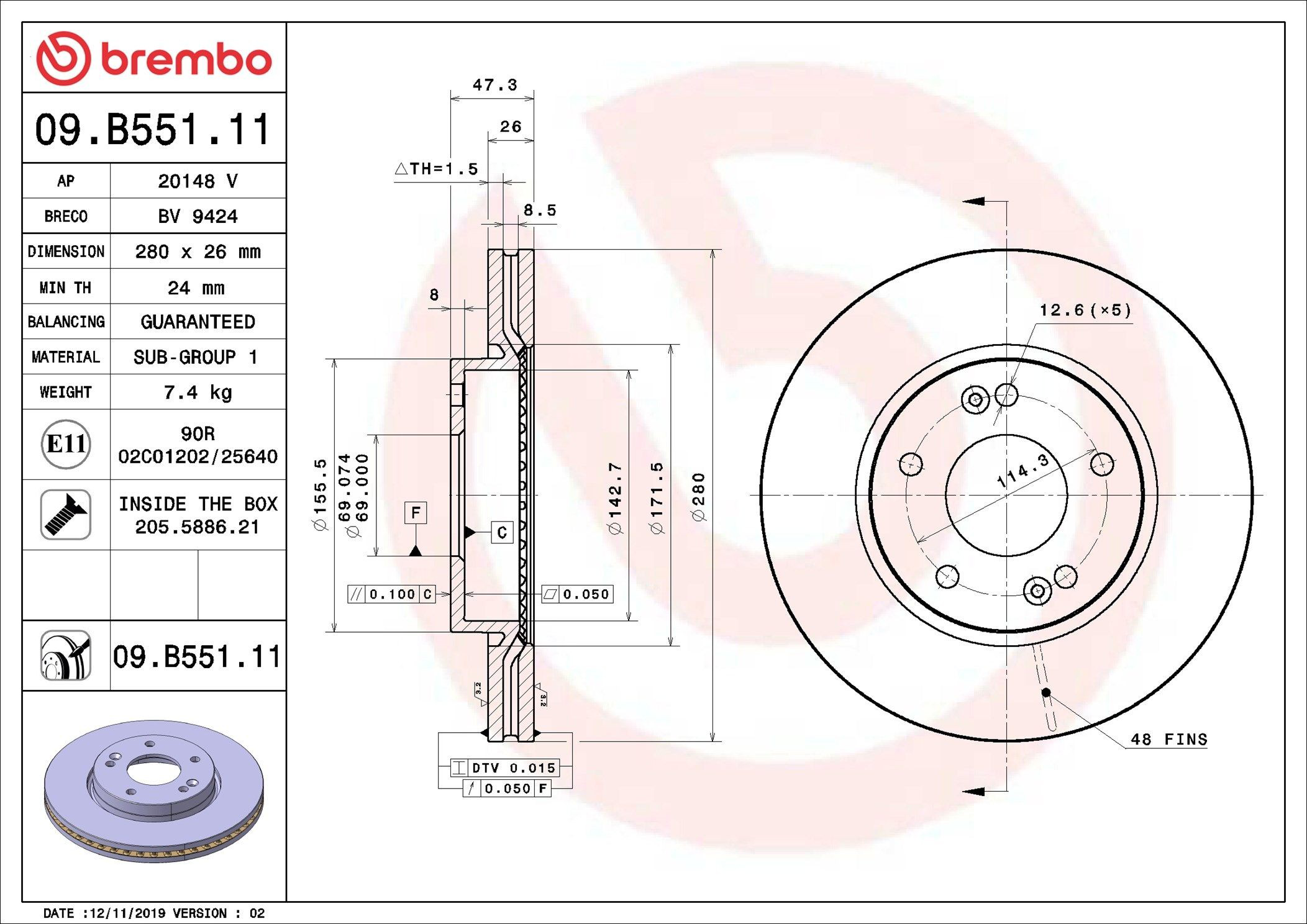 Диск переднього гальма Brembo 09B55111 ціна, від 46.18 USD