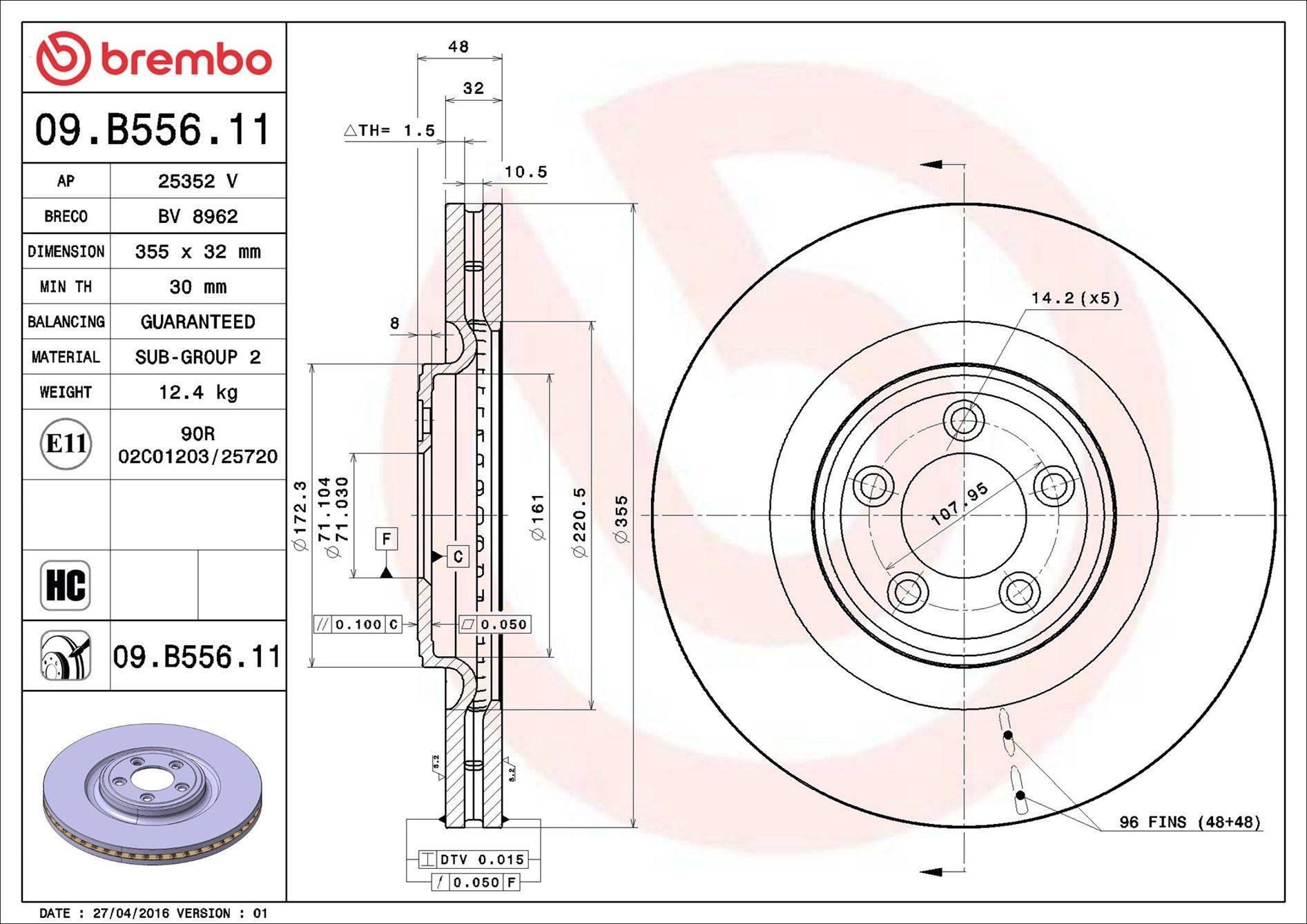 Диск переднього гальма Brembo 09B55611 ціна, від 100.27 USD