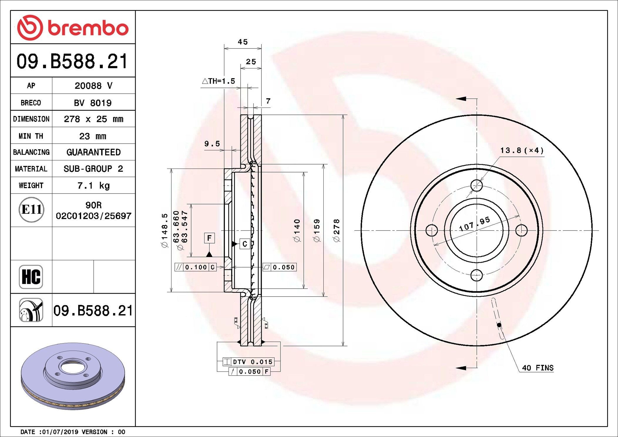 Диск переднього гальма Brembo 09B58821 ціна, від 37.72 USD