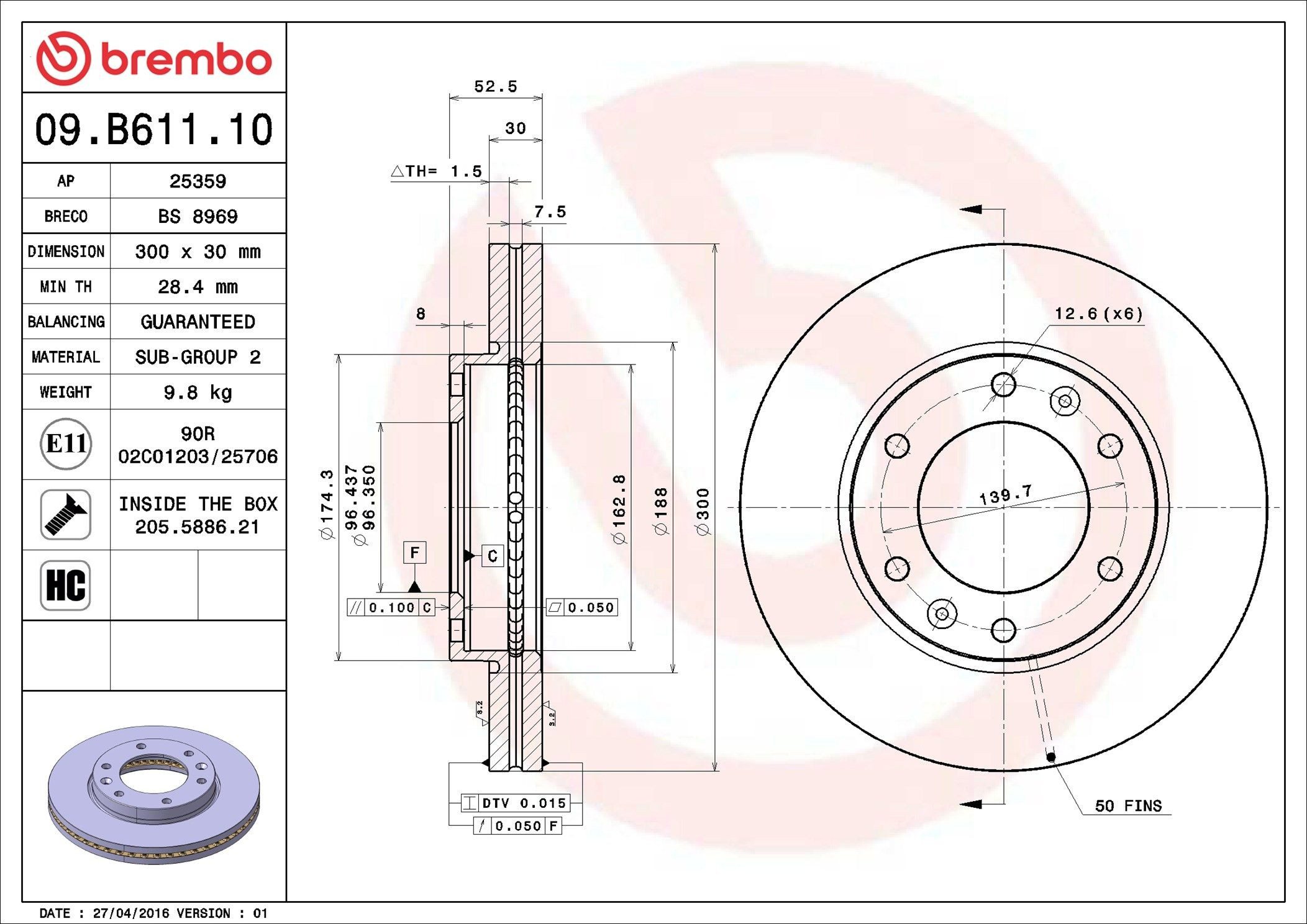 Диск переднього гальма Brembo 09B61110 ціна, від 67.62 USD
