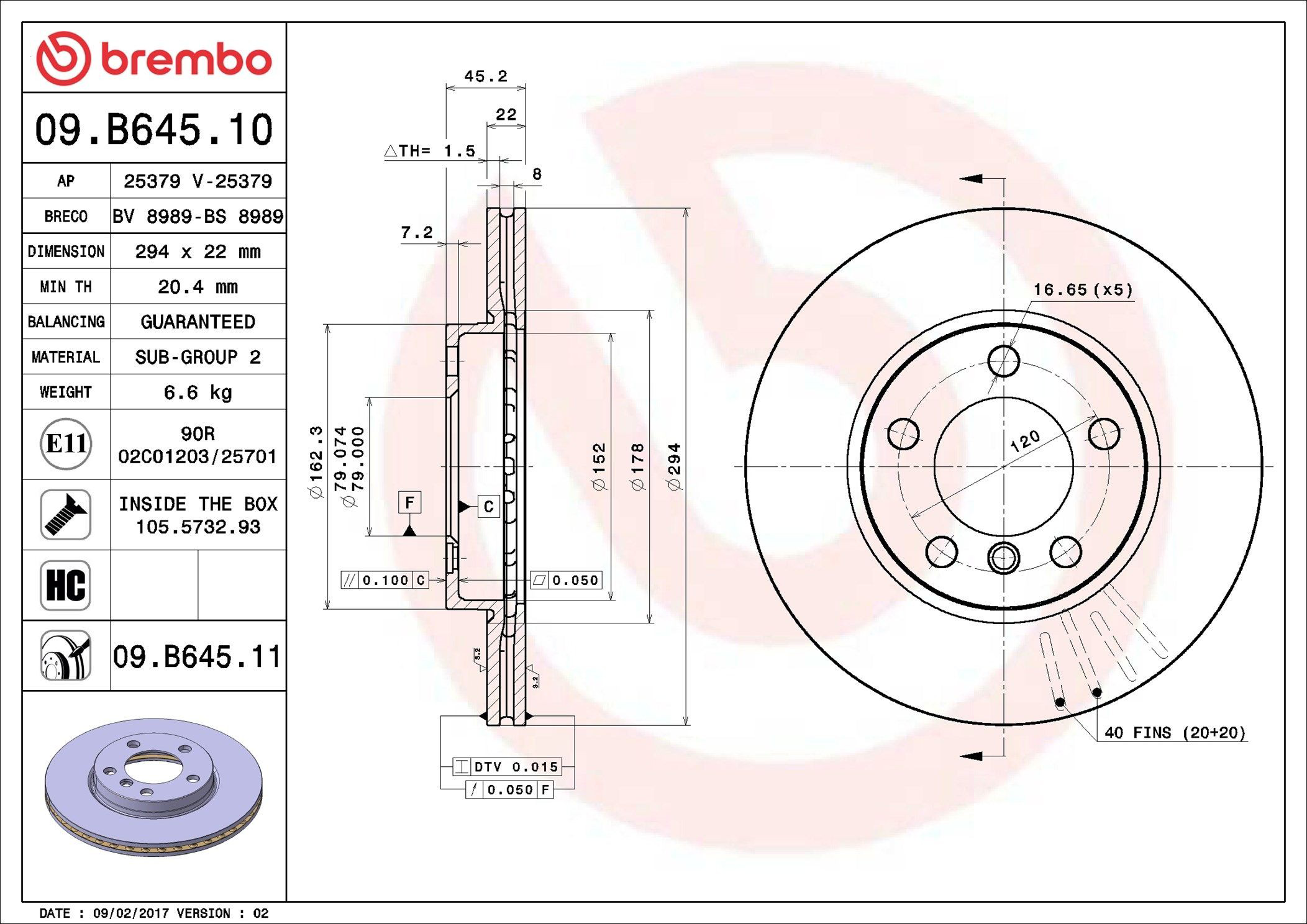 Диск переднього гальма Brembo 09B64511 ціна, від 62.72 USD