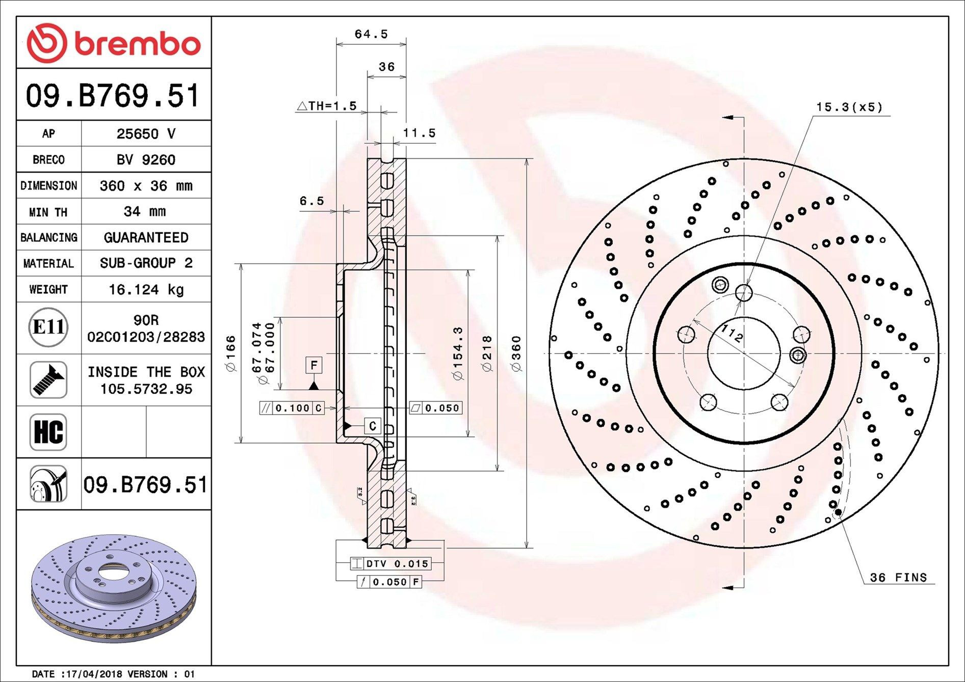 Диск переднього гальма Brembo 09B76951 ціна, від 136.79 USD