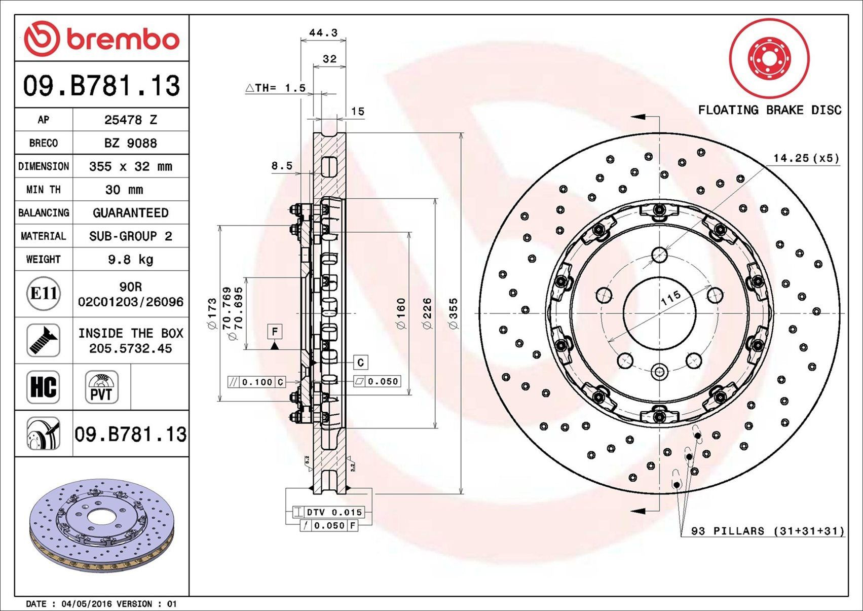Диск переднього гальма Brembo 09B78113 ціна, від 472.70 USD