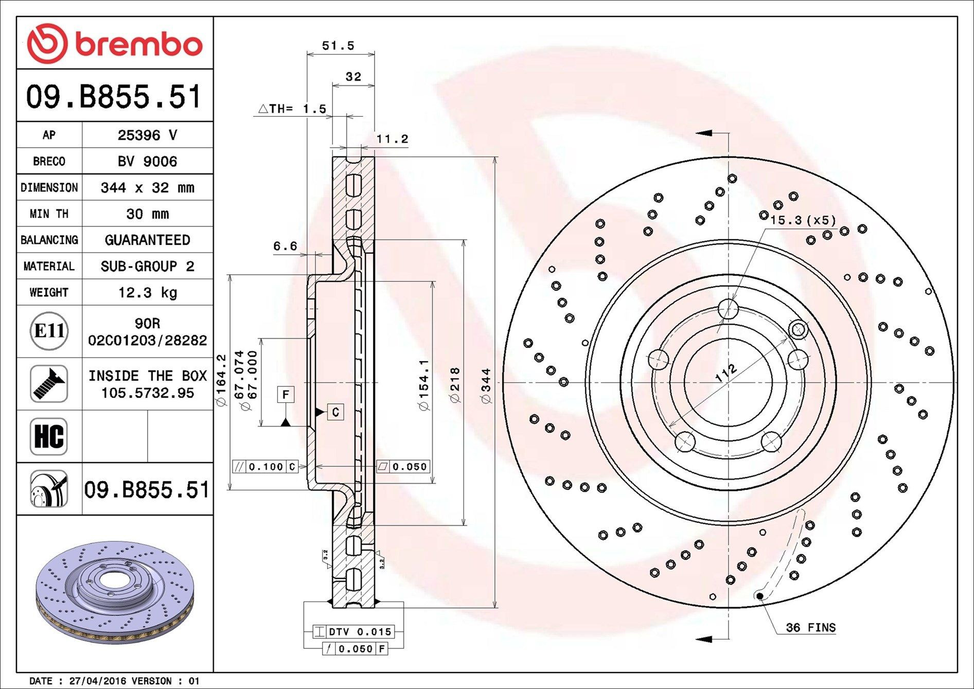Диск переднього гальма Brembo 09B85551 ціна, від 116.35 USD