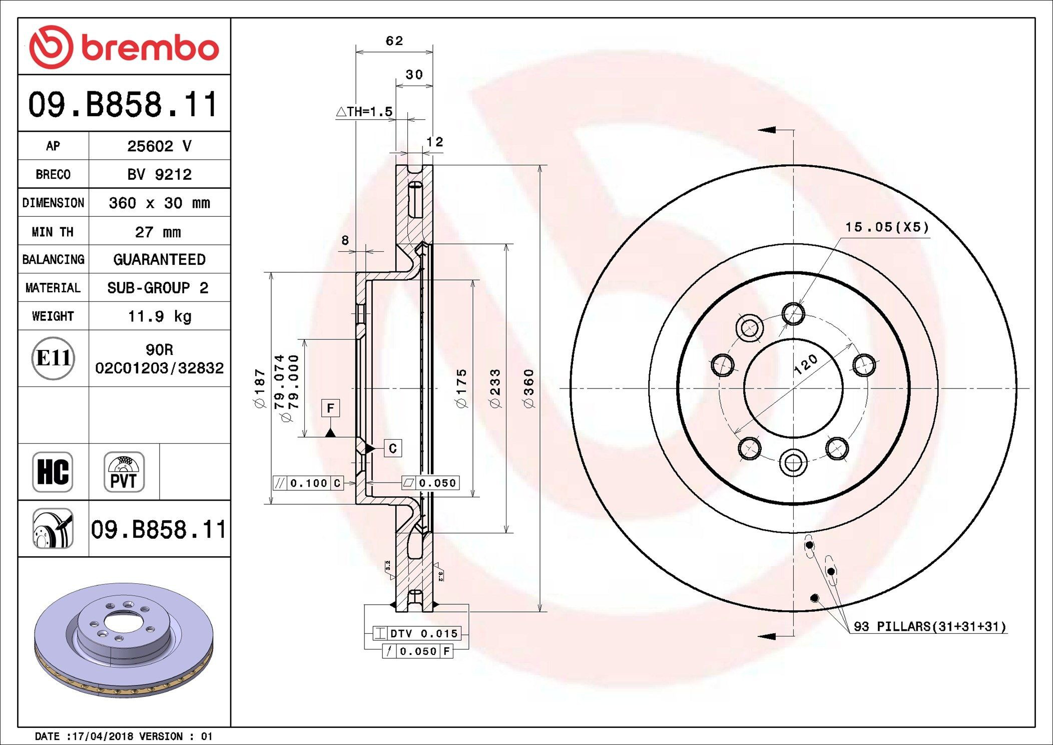 Диск переднього гальма Brembo 09B85811 ціна, від 107.76 USD