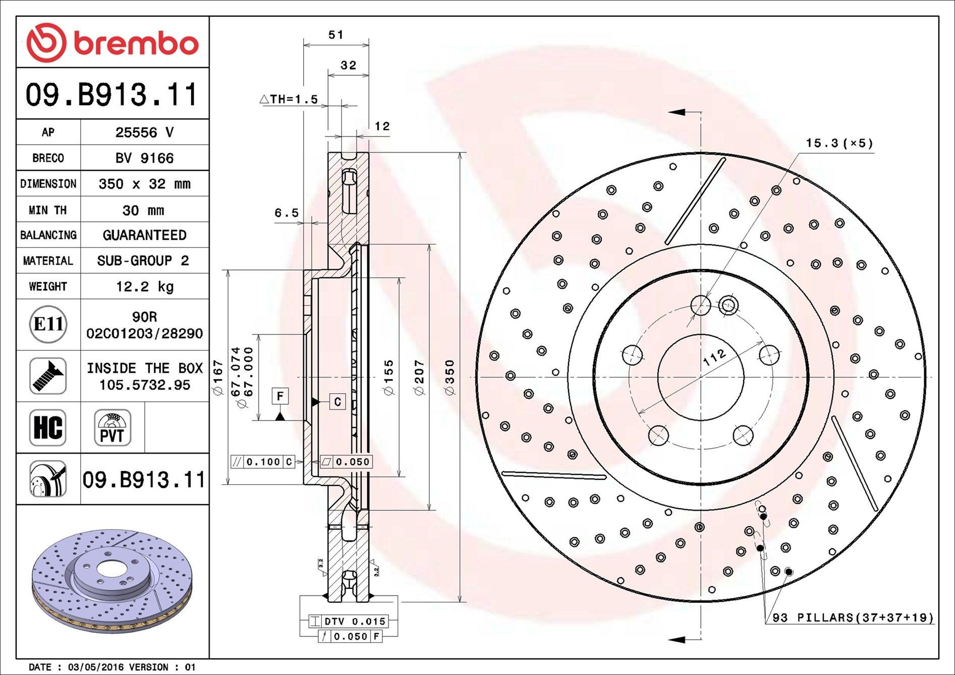 Диск гальмівний передній Brembo 09B91311
