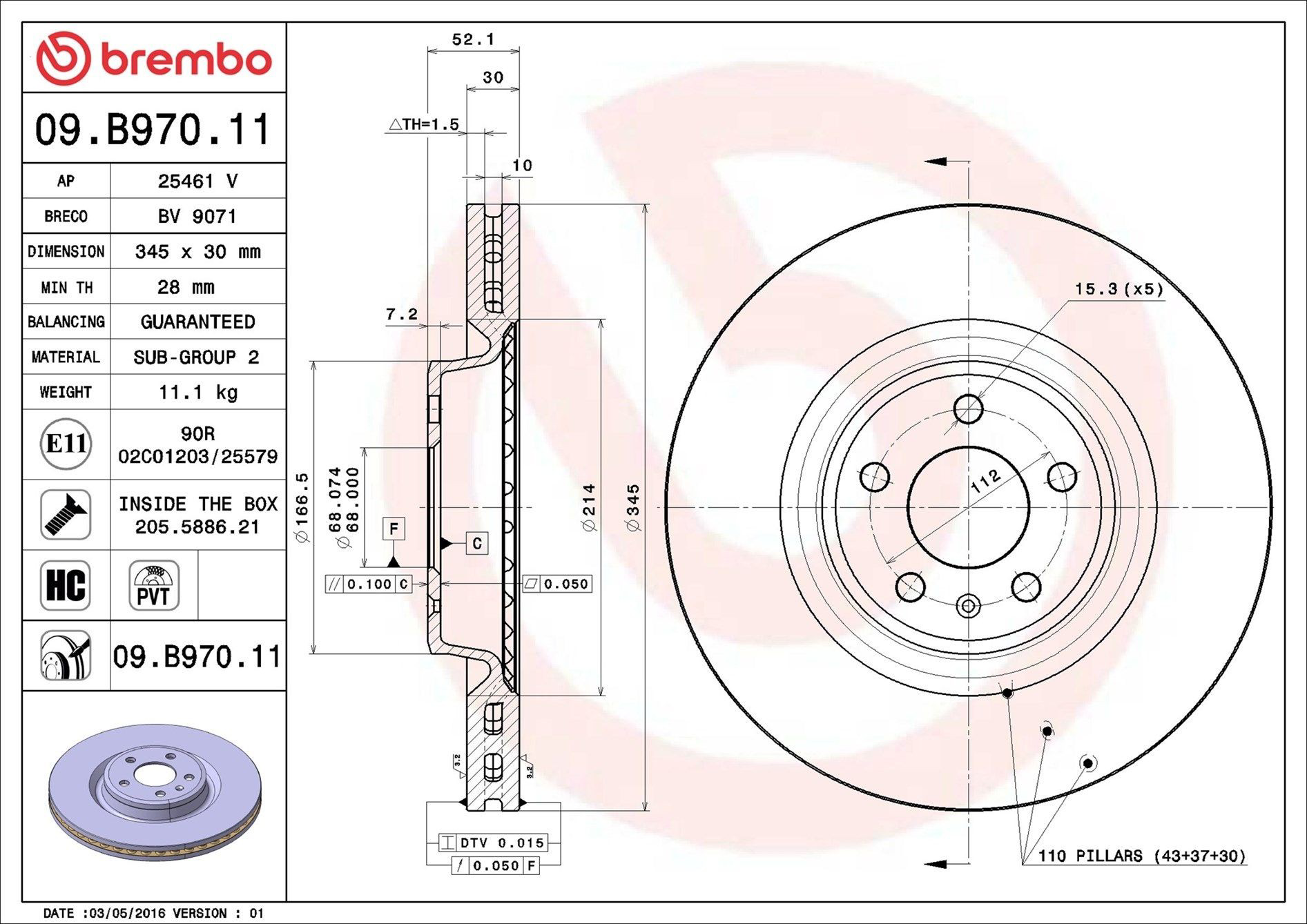 Диск переднього гальма Brembo 09B97011 ціна, від 102.83 USD