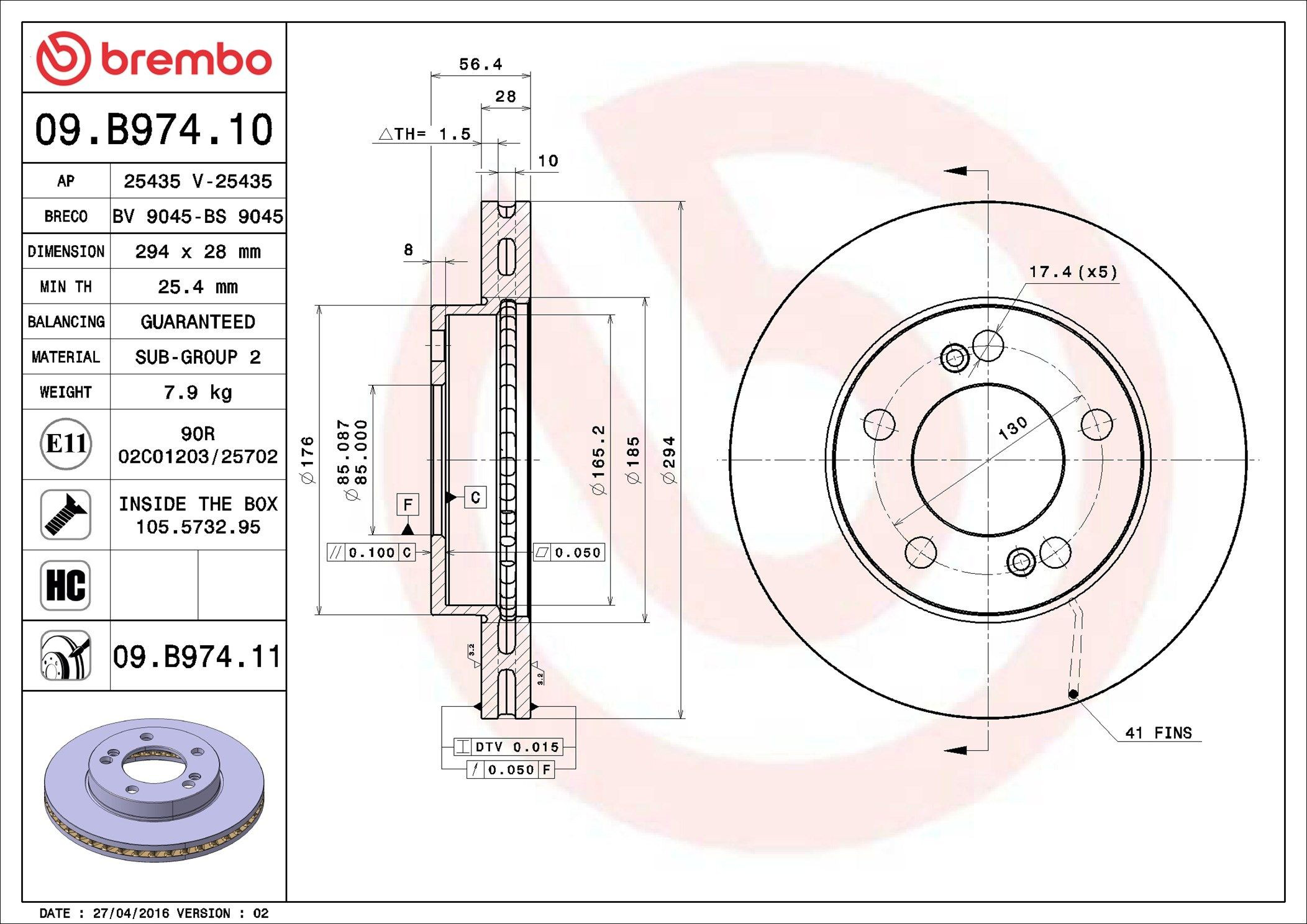 Диск переднього гальма Brembo 09B97411 ціна, від 53.25 USD