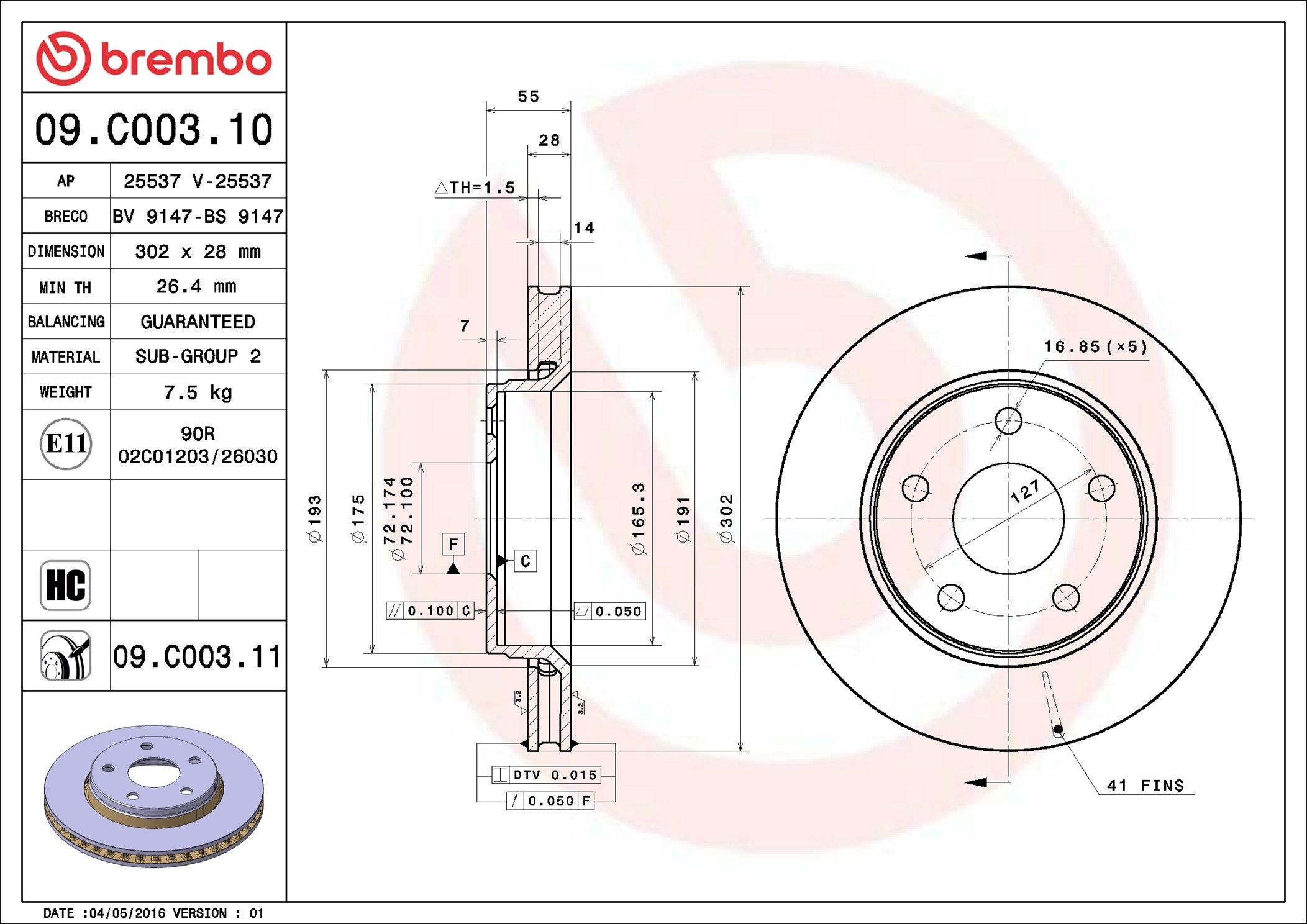 Диск переднього гальма Brembo 09C00311 ціна, від 66.89 USD