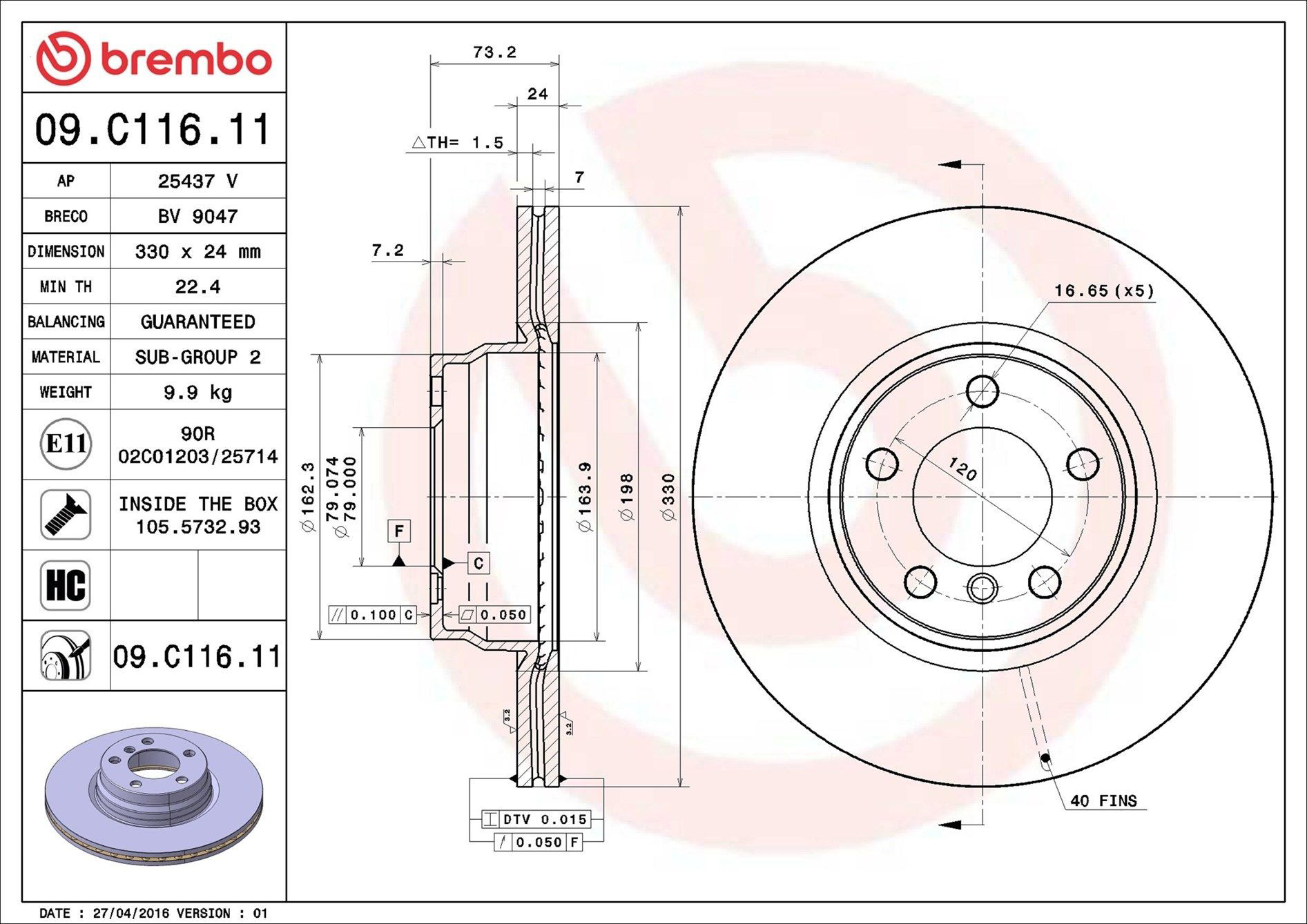 Диск переднього гальма Brembo 09C11611 ціна, від 88.08 USD