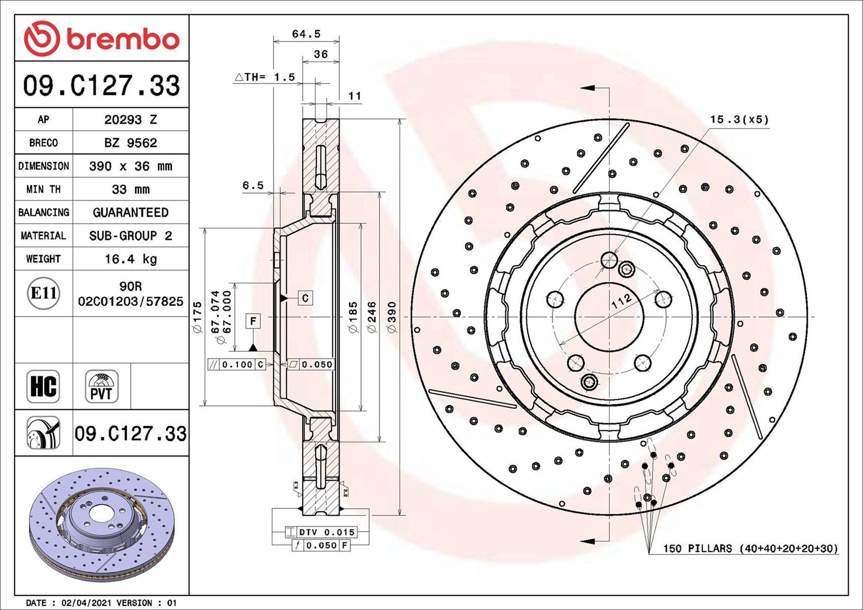 Диск переднього гальма Brembo 09C12733 ціна, від 1090.27 USD