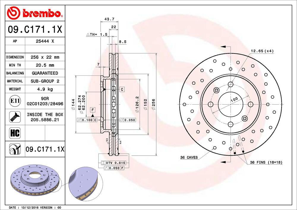Диск гальмівний передній Brembo 09C1711X