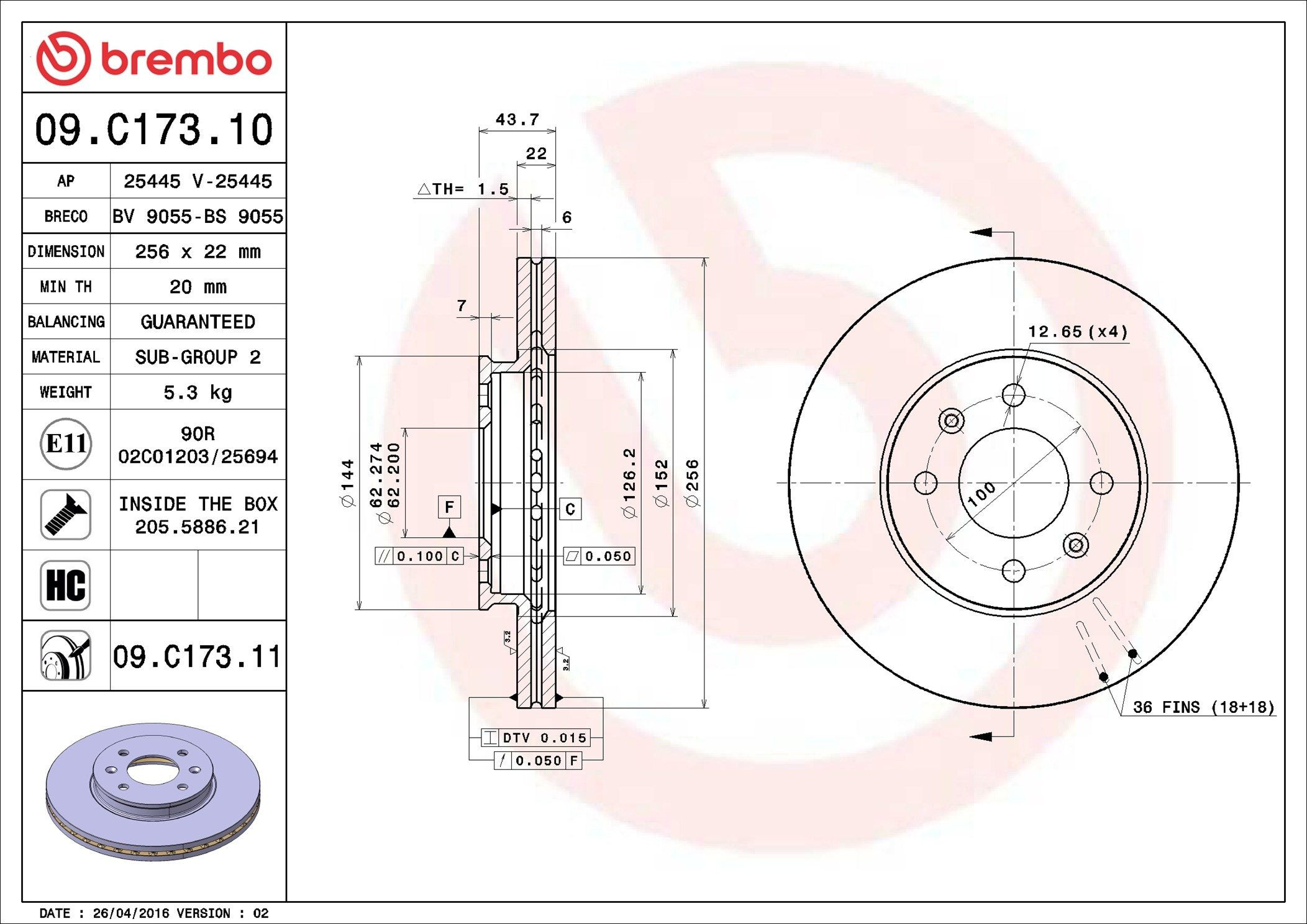 Диск переднього гальма Brembo 09C17311 ціна, від 31.39 USD