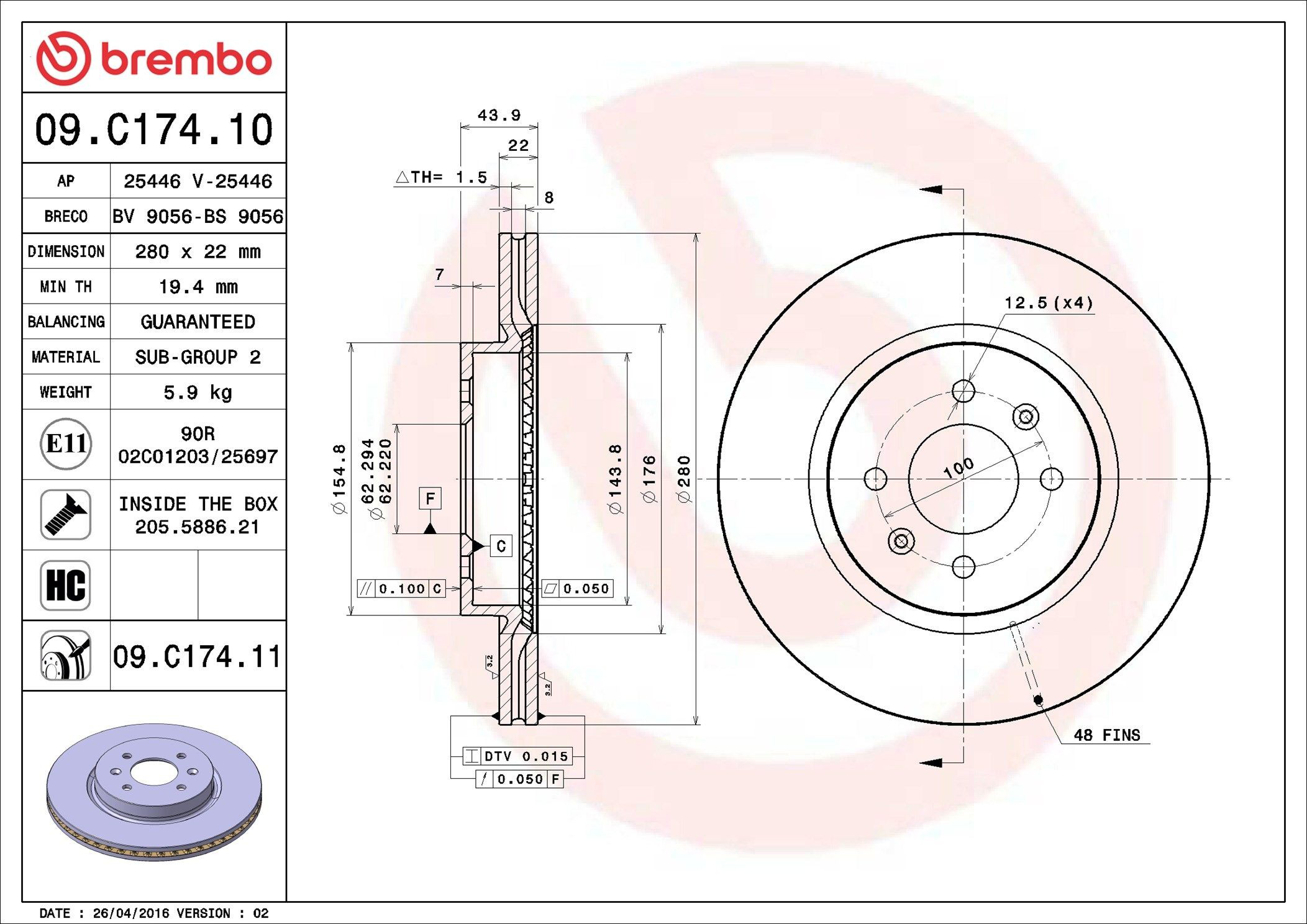 Диск переднього гальма Brembo 09C17411 ціна, від 55.40 USD