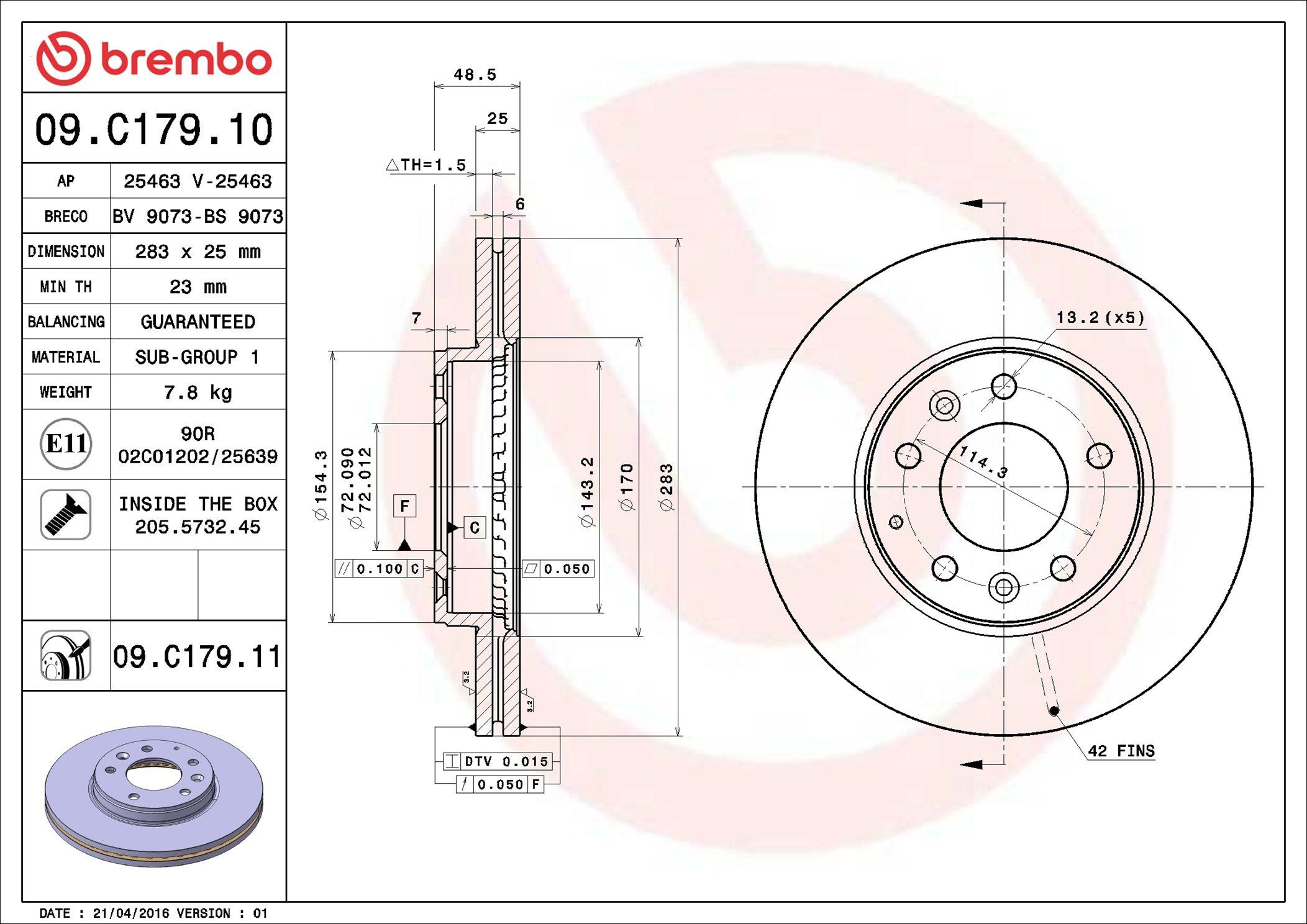 Диск переднього гальма Brembo 09C17911 ціна, від 48.03 USD