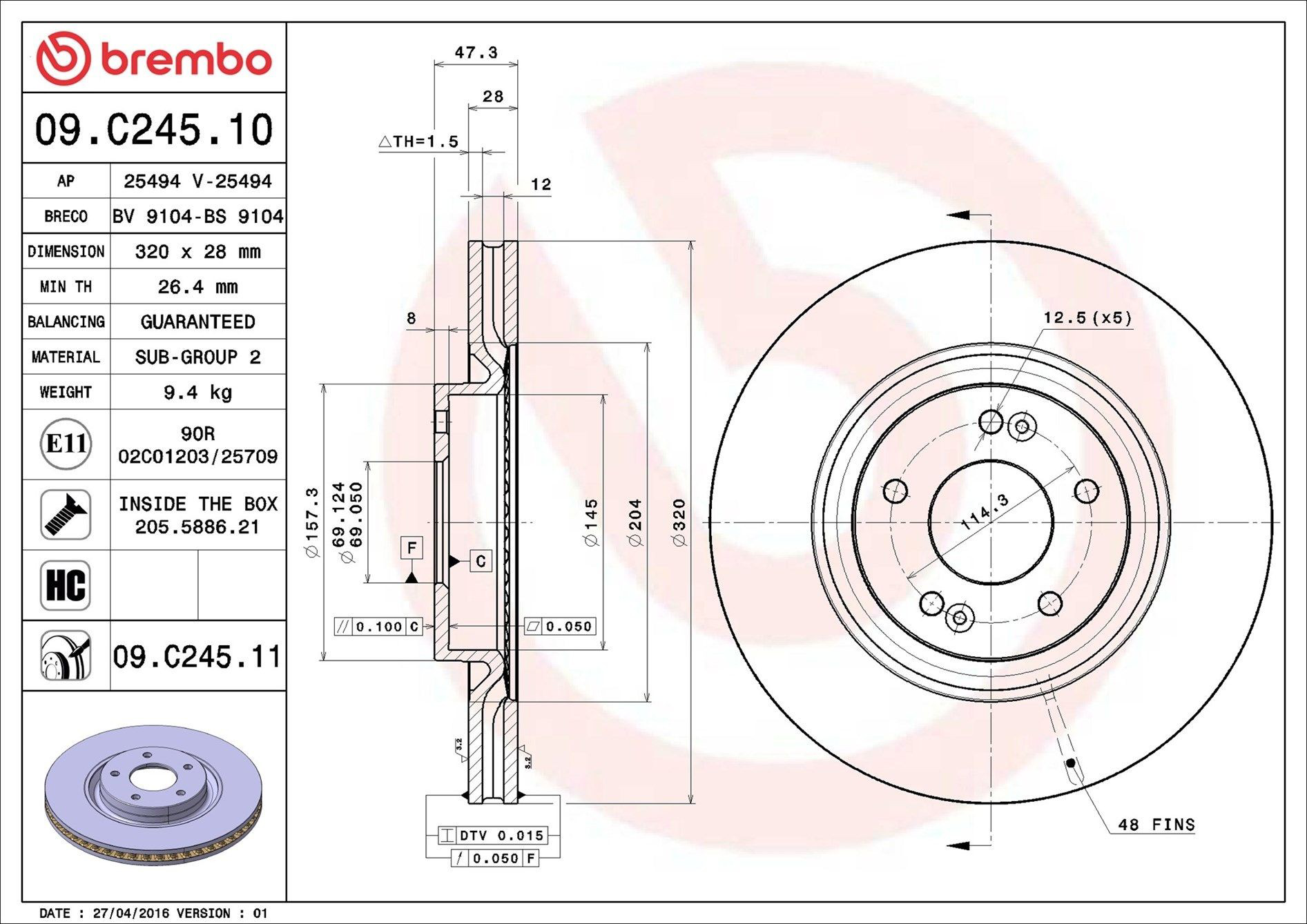 Диск переднього гальма Brembo 09C24511 ціна, від 75.82 USD