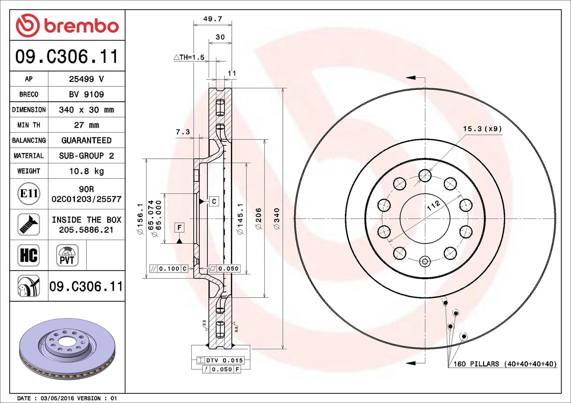 Диск гальмівний передній Brembo 09C30611