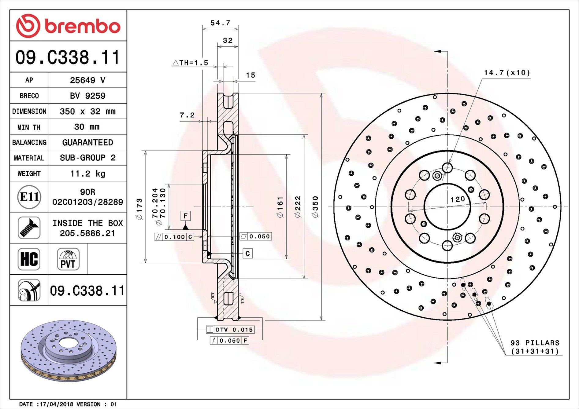 Диск переднього гальма Brembo 09C33811 ціна, від 112.41 USD