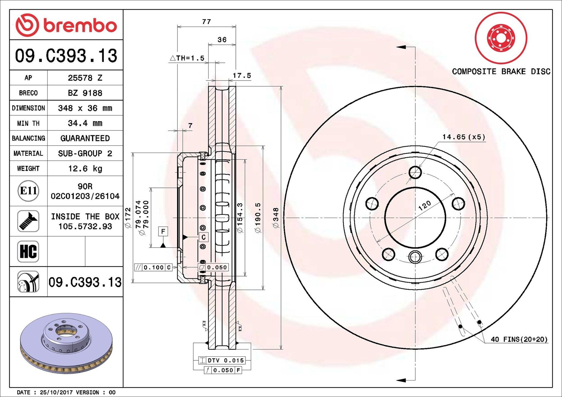 Диск переднього гальма Brembo 09C39313 ціна, від 109.47 USD