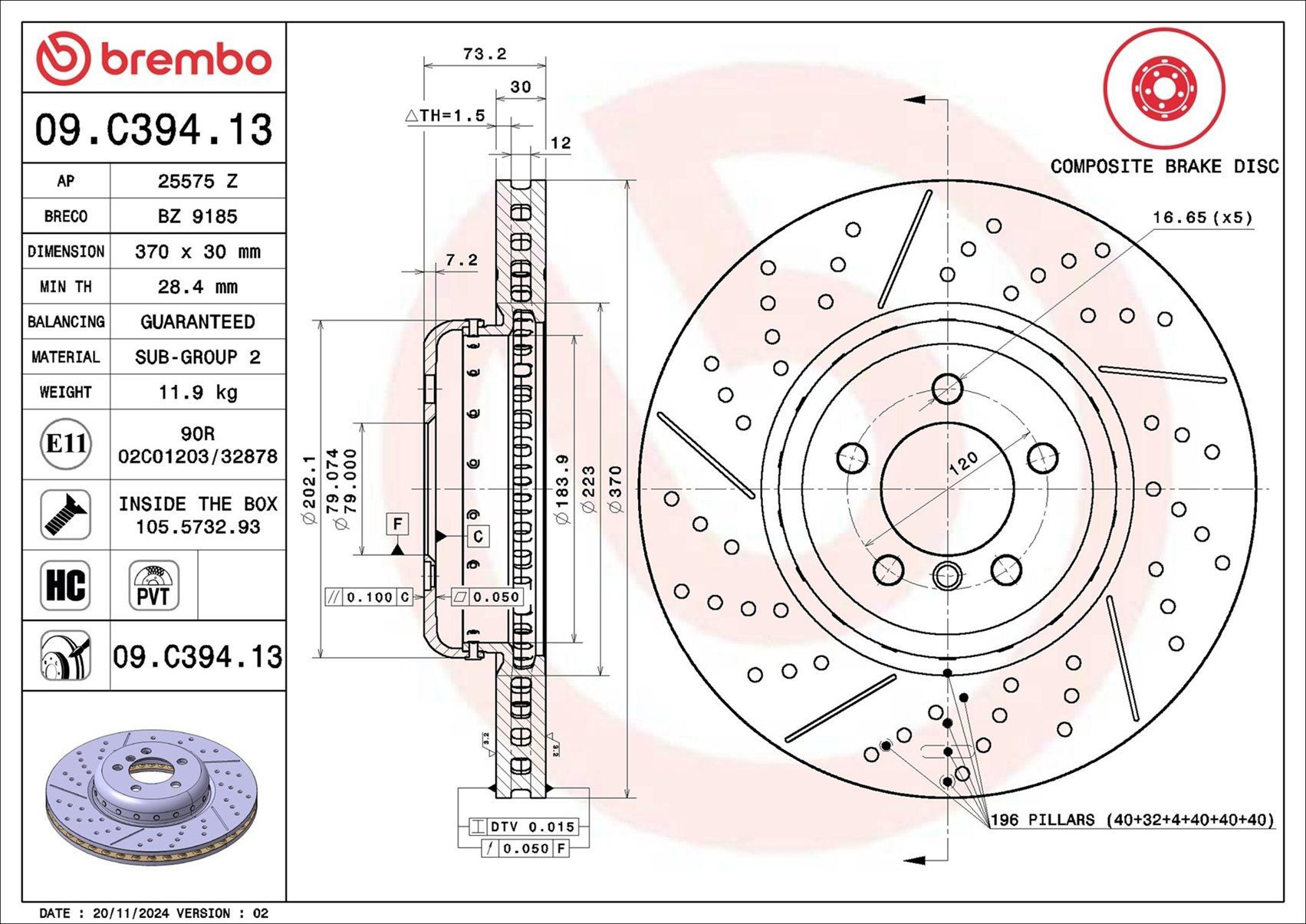 Диск переднього гальма Brembo 09C39413 ціна, від 230.28 USD