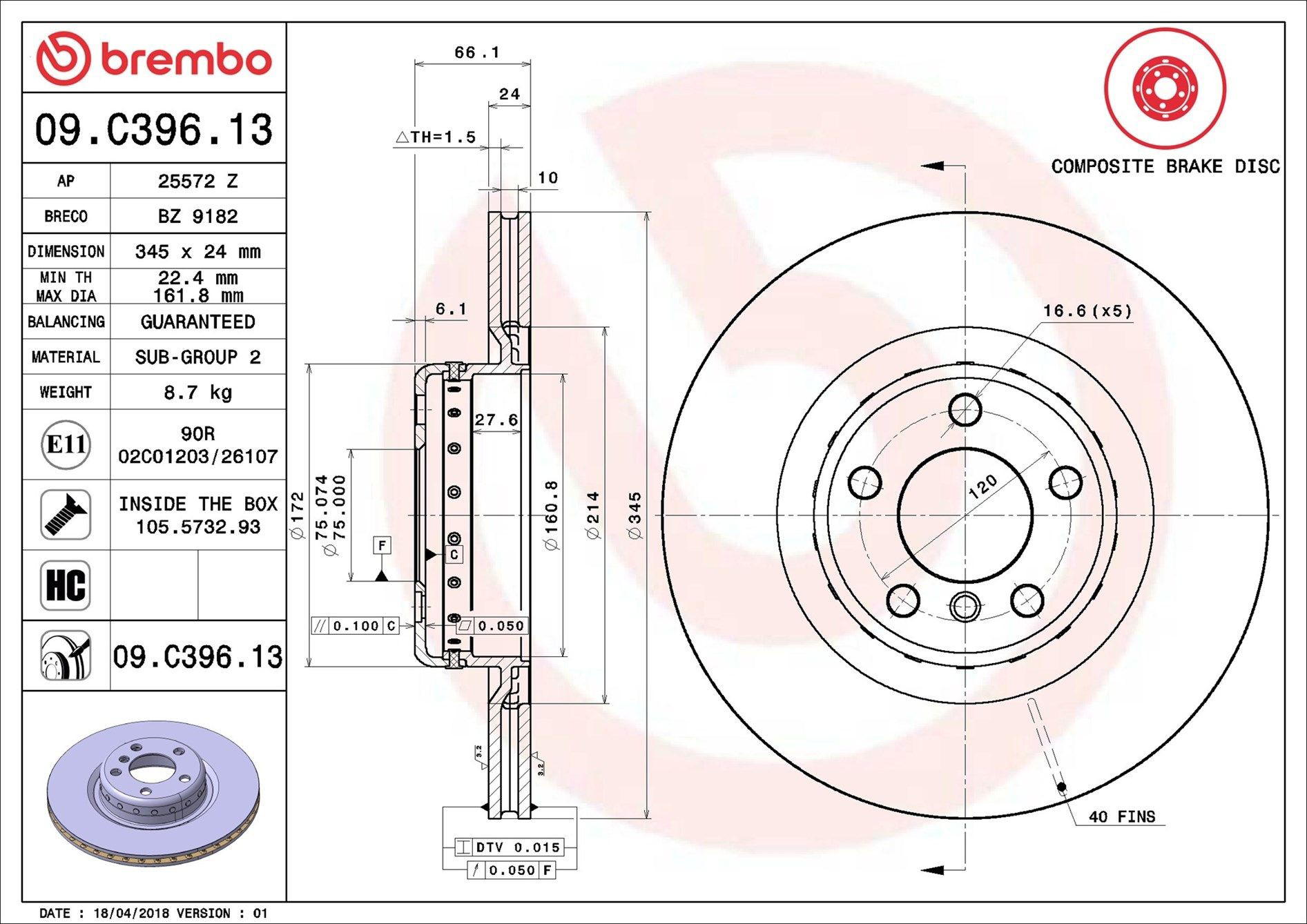 Задні дискові гальма Brembo 09C39613 ціна, від 120.67 USD