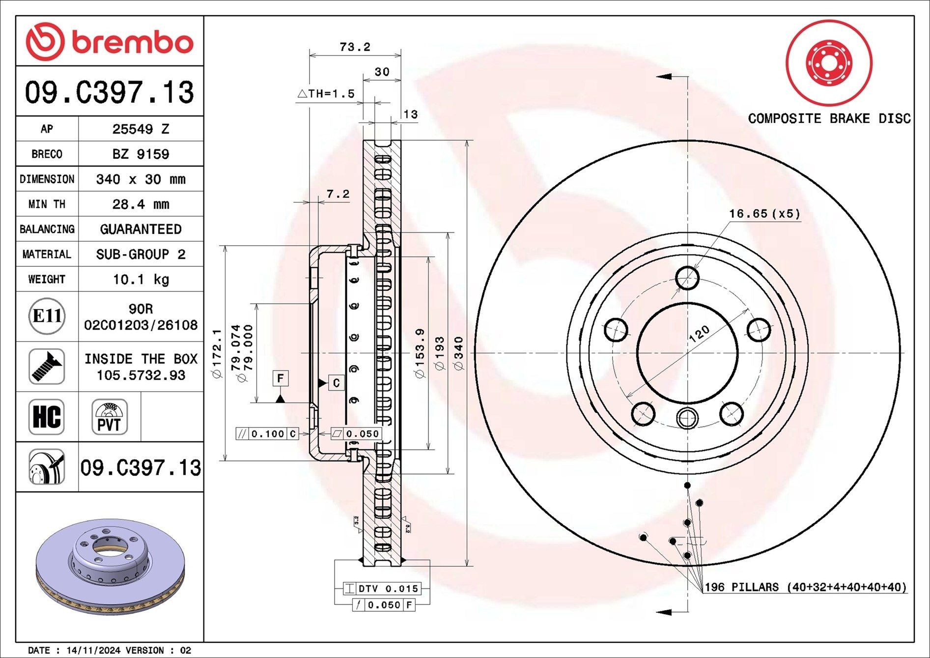 Диск переднього гальма Brembo 09C39713 ціна, від 133.45 USD