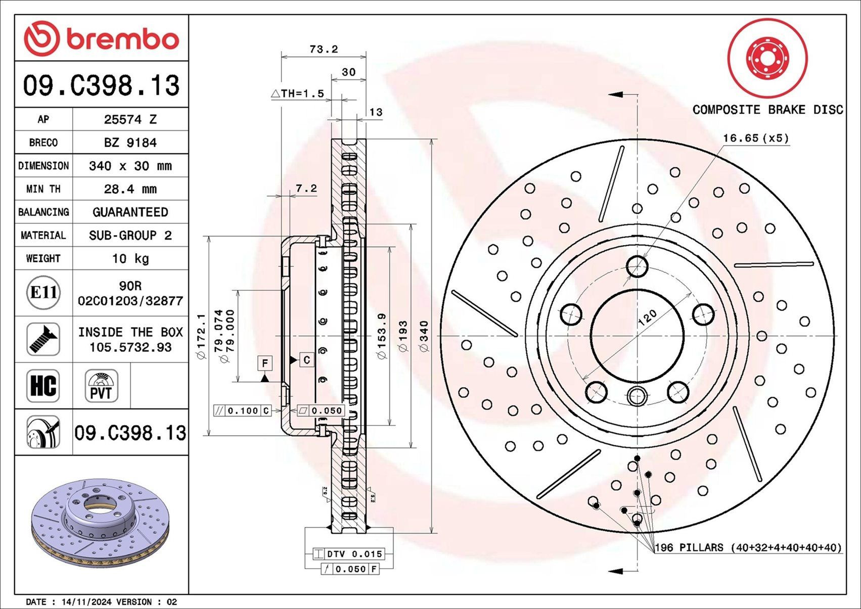 Диск переднього гальма Brembo 09C39813 ціна, від 202.81 USD