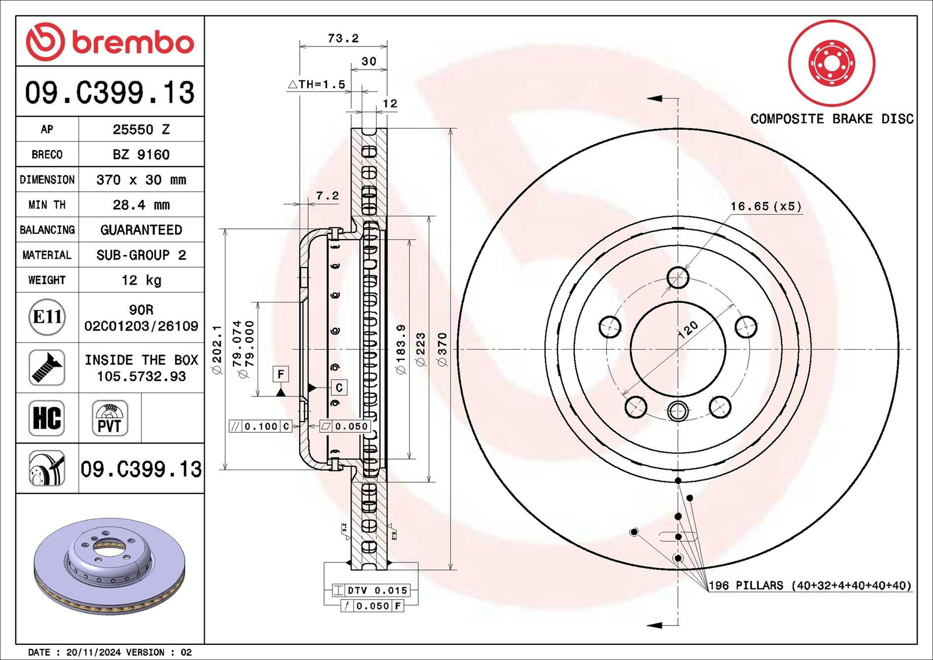 Диск переднього гальма Brembo 09C39913 ціна, від 233.06 USD