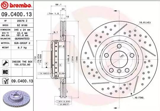 Диск гальмівний задній Brembo 09C40013