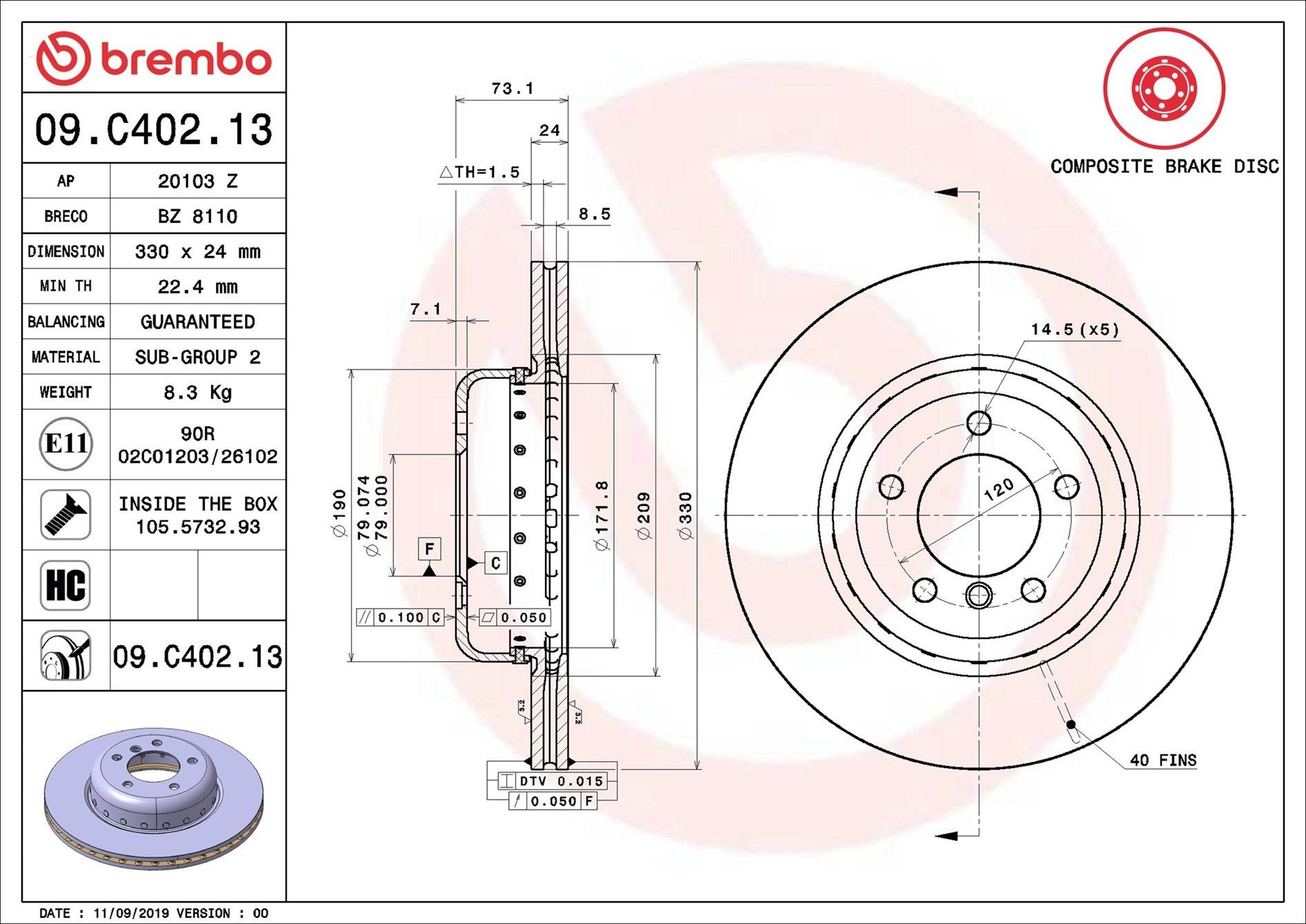 Купити 09C40213 Brembo Ротор гальмівний