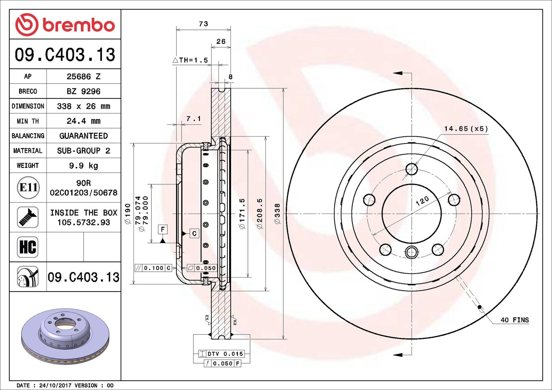 Диск переднього гальма Brembo 09C40313 ціна, від 82.41 USD