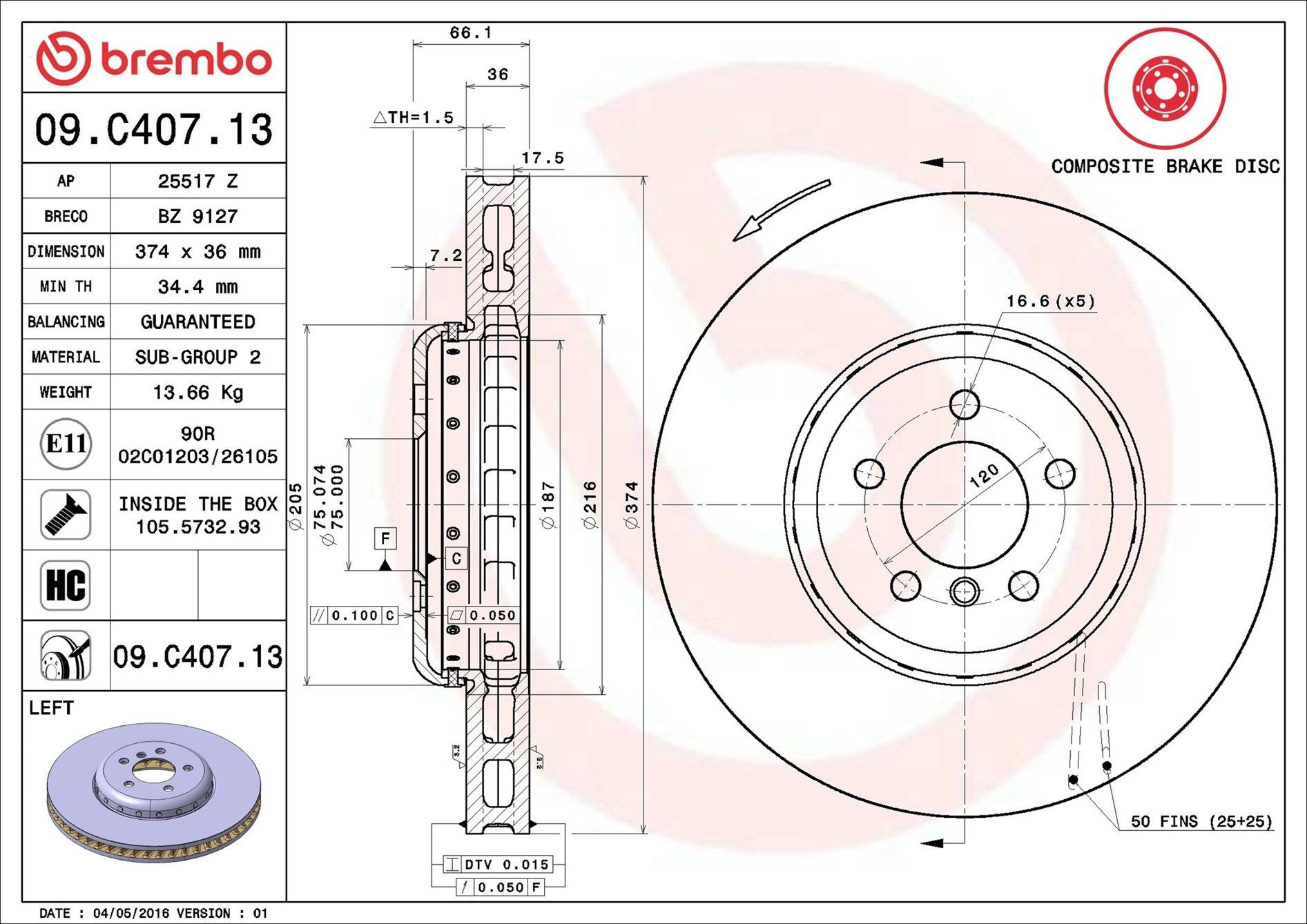 Диск переднього гальма Brembo 09C40713 ціна, від 174.49 USD