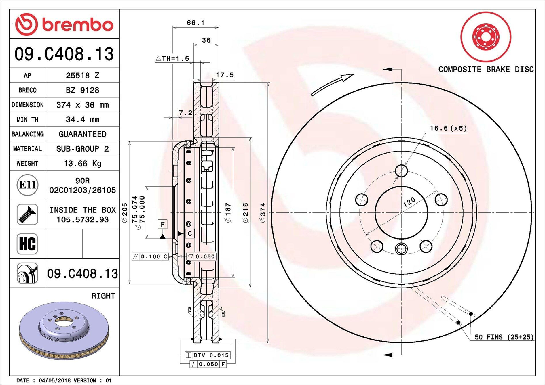 Диск переднього гальма Brembo 09C40813 ціна, від 170.07 USD