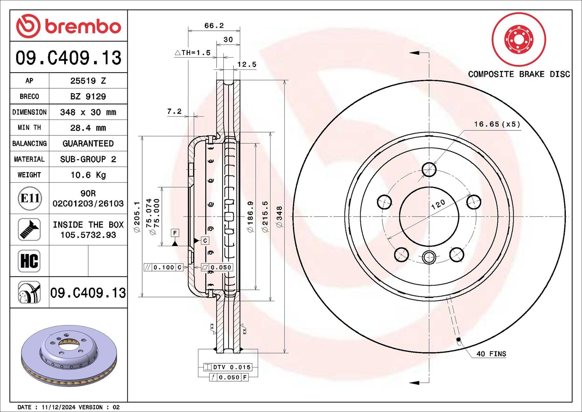 Диск переднього гальма Brembo 09C40913 ціна, від 182.84 USD