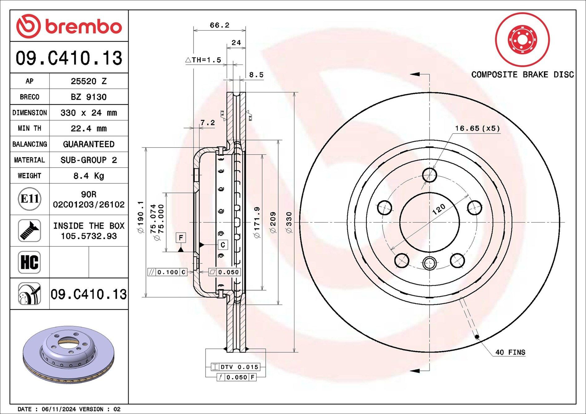 Диск переднього гальма Brembo 09C41013 ціна, від 161.41 USD