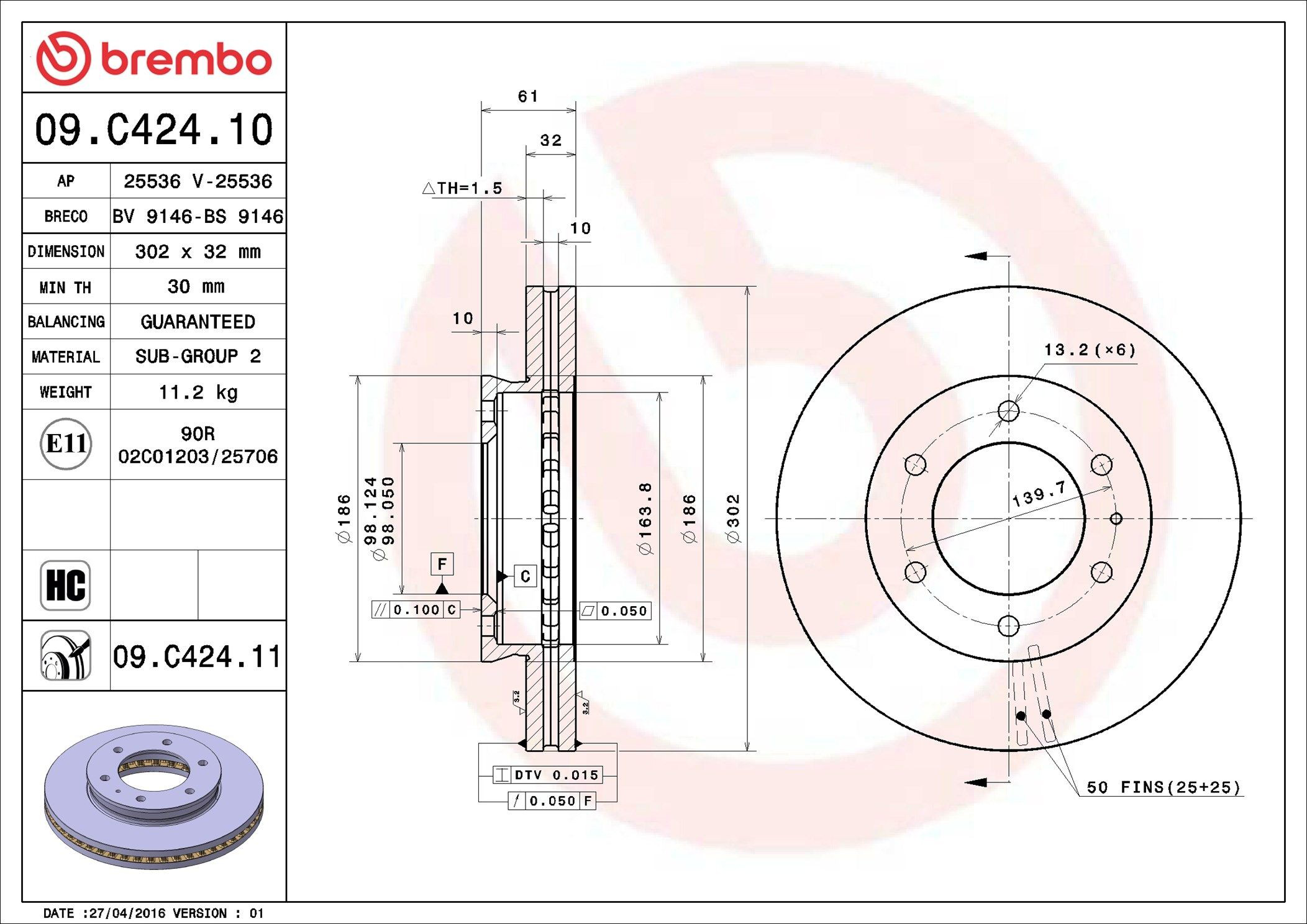 Диск переднього гальма Brembo 09C42411 ціна, від 77.79 USD