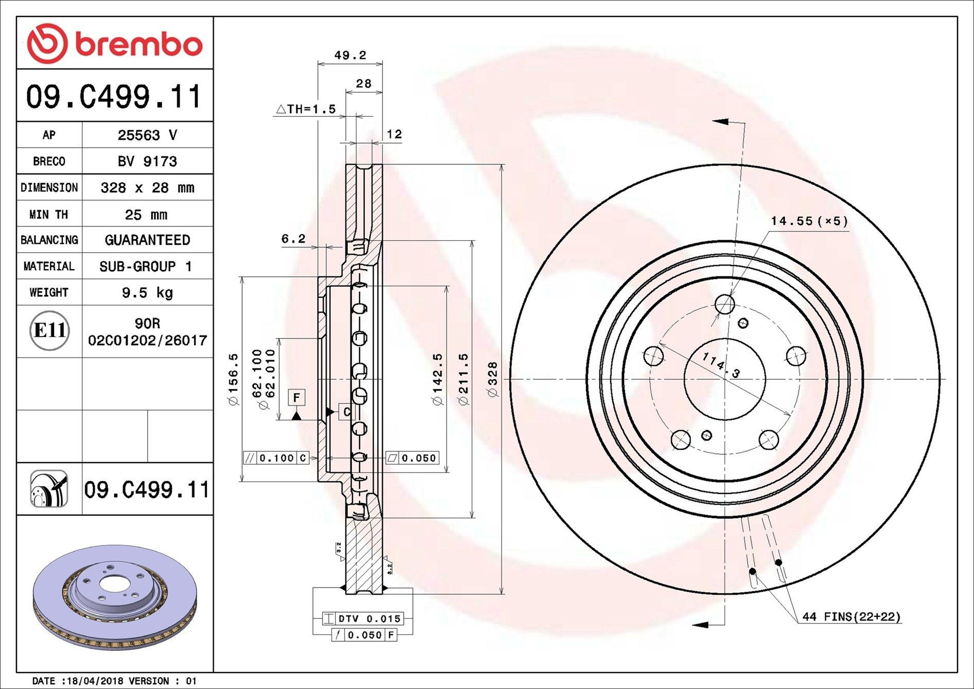 Диск переднього гальма Brembo 09C49911 ціна, від 59.97 USD