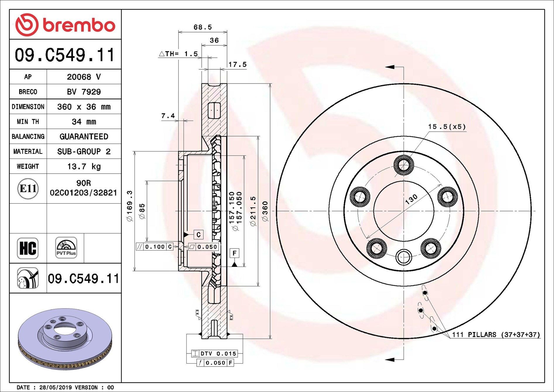 Диск переднього гальма Brembo 09C54911 ціна, від 125.78 USD