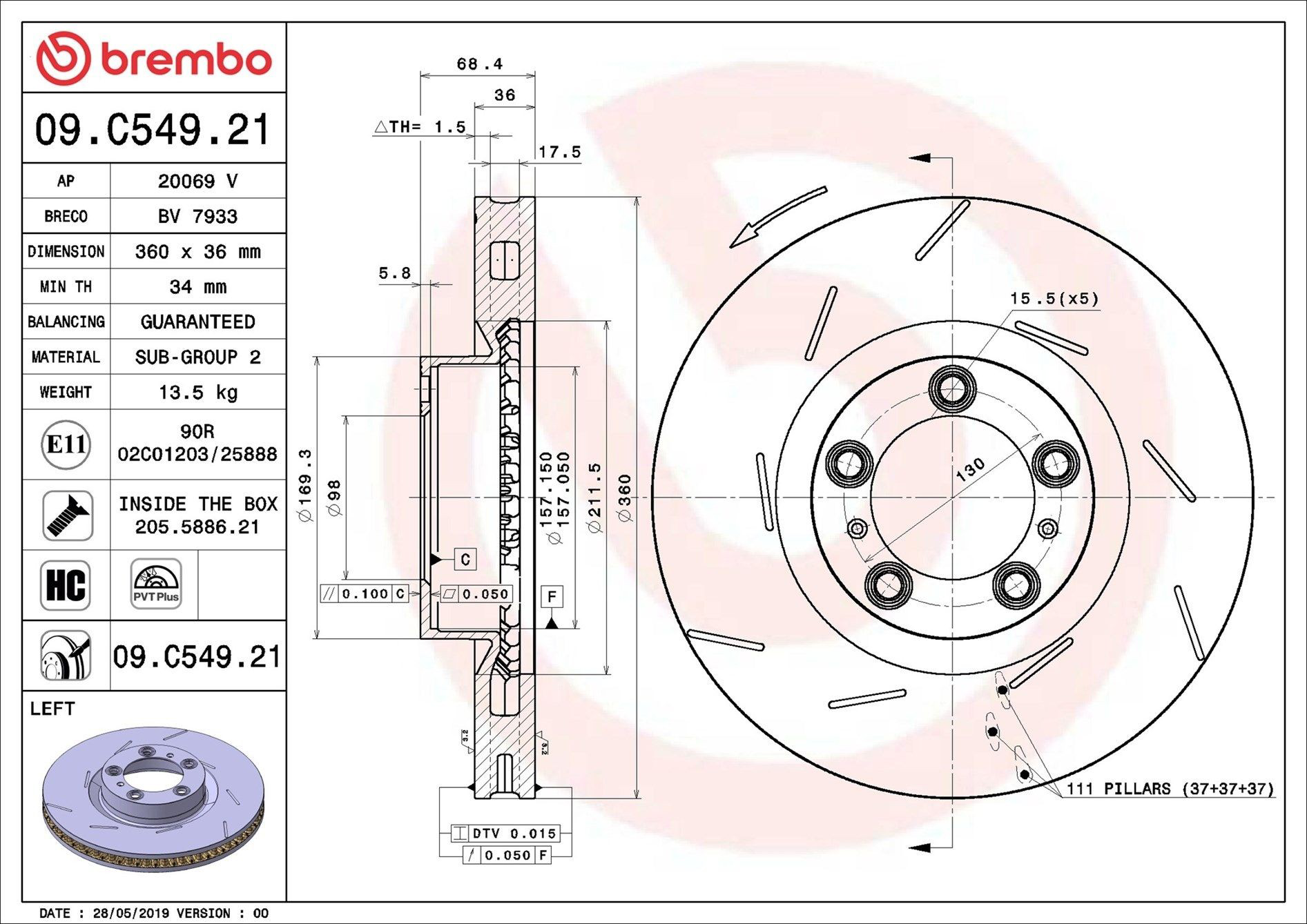 Диск переднього гальма Brembo 09C54921 ціна, від 156.51 USD