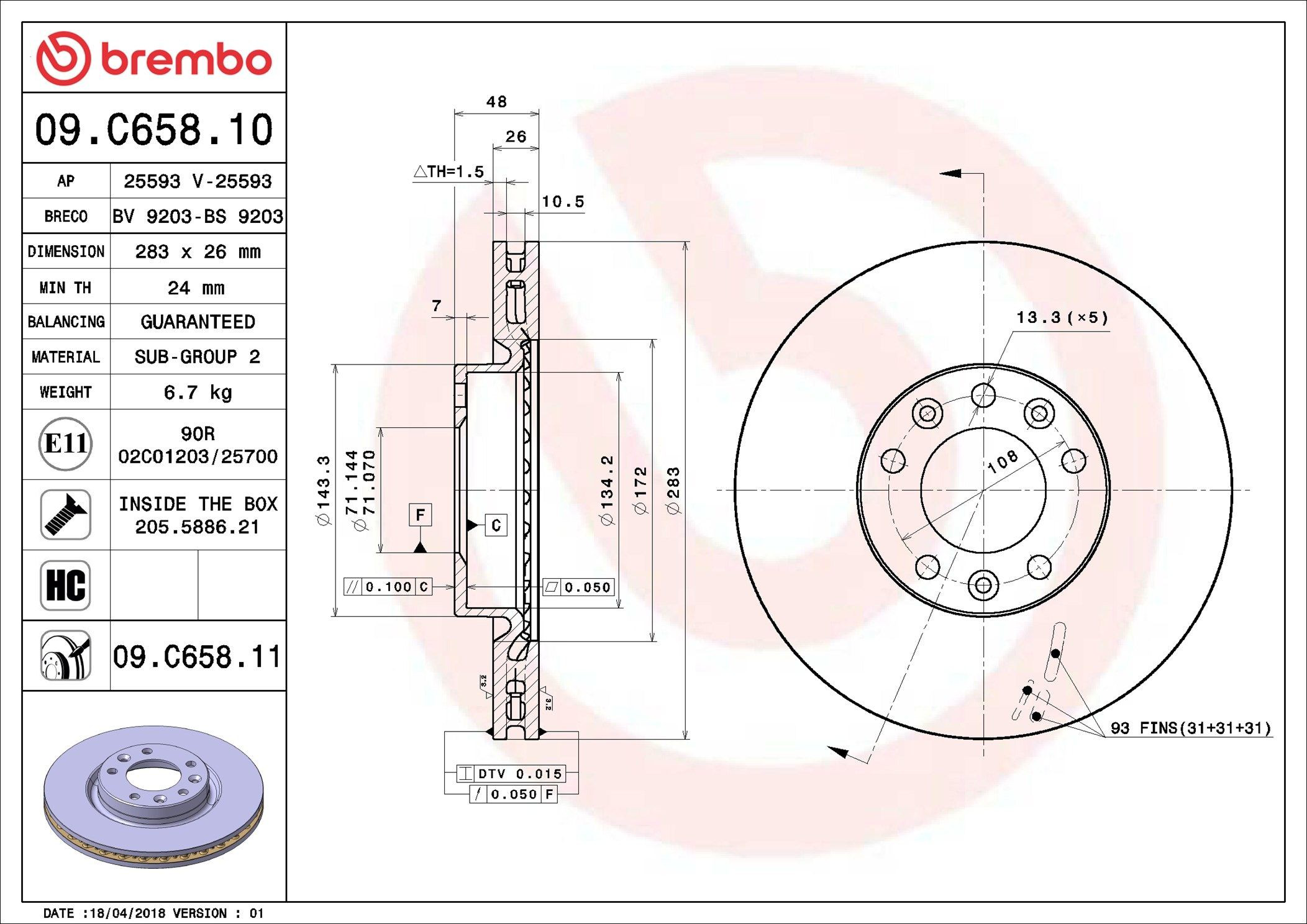 Диск переднього гальма Brembo 09C65811 ціна, від 55.67 USD