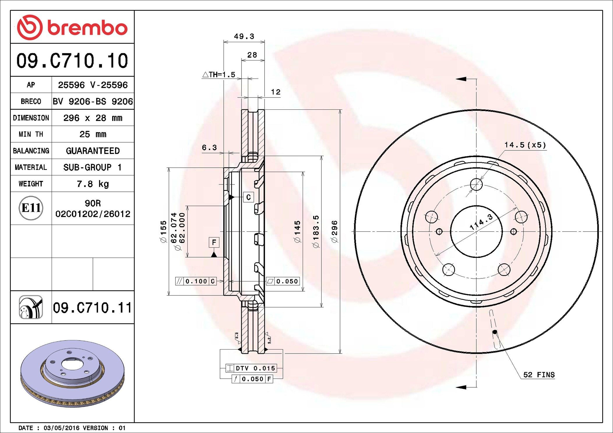 Диск переднього гальма Brembo 09C71011 ціна, від 52.28 USD