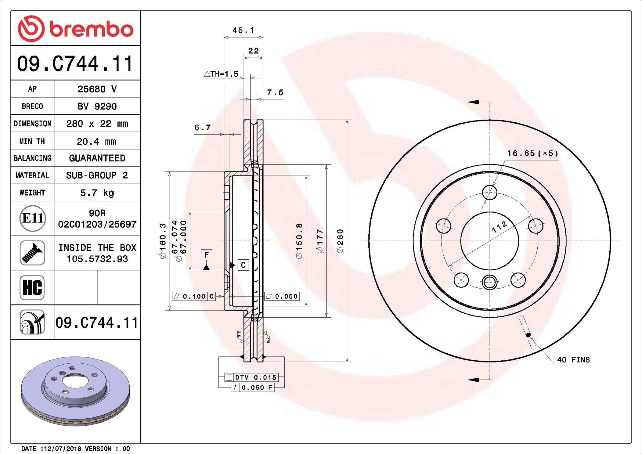 Диск переднього гальма Brembo 09C74411 ціна, від 61.94 USD