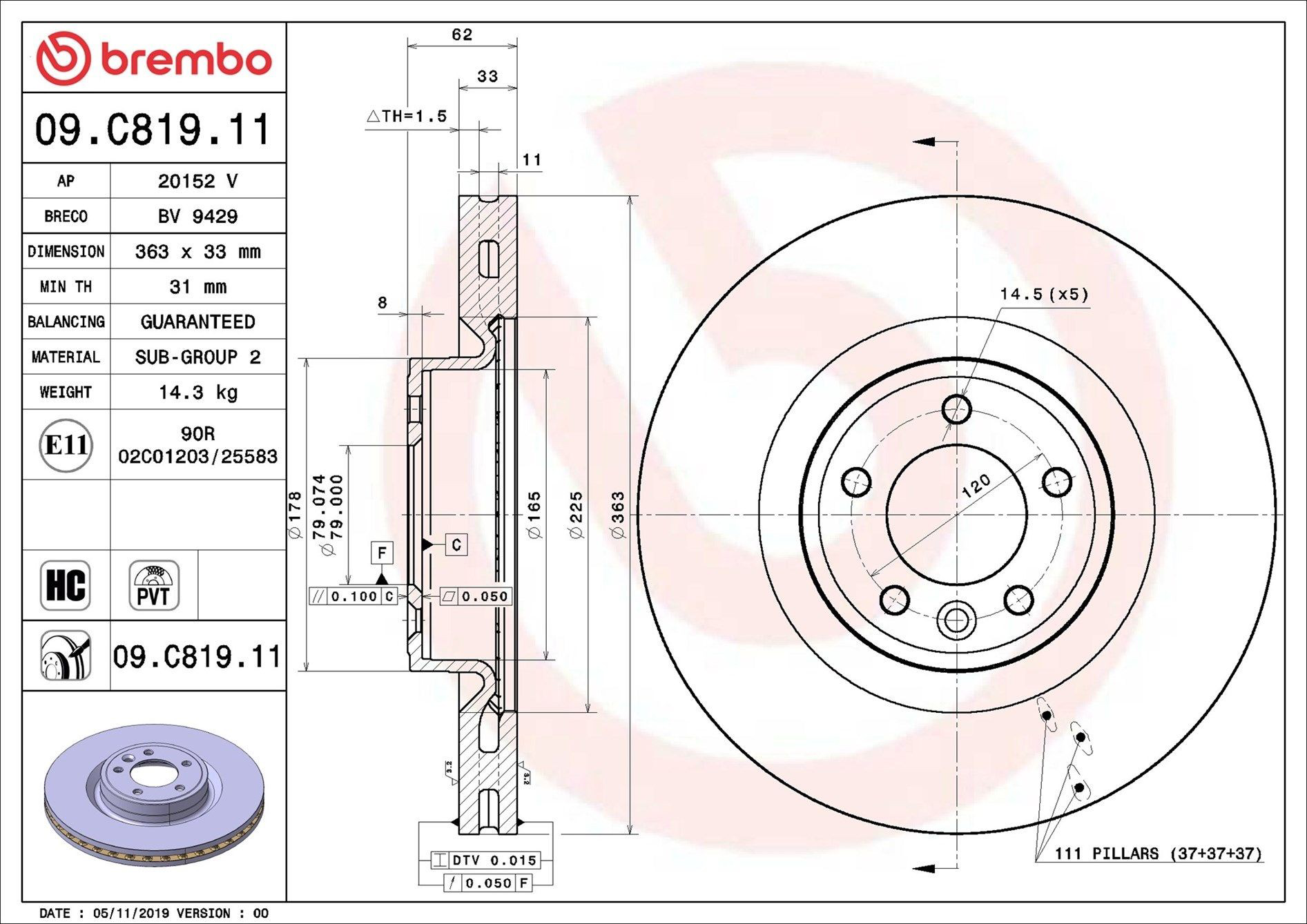 Диск переднього гальма Brembo 09C81911 ціна, від 101.83 USD