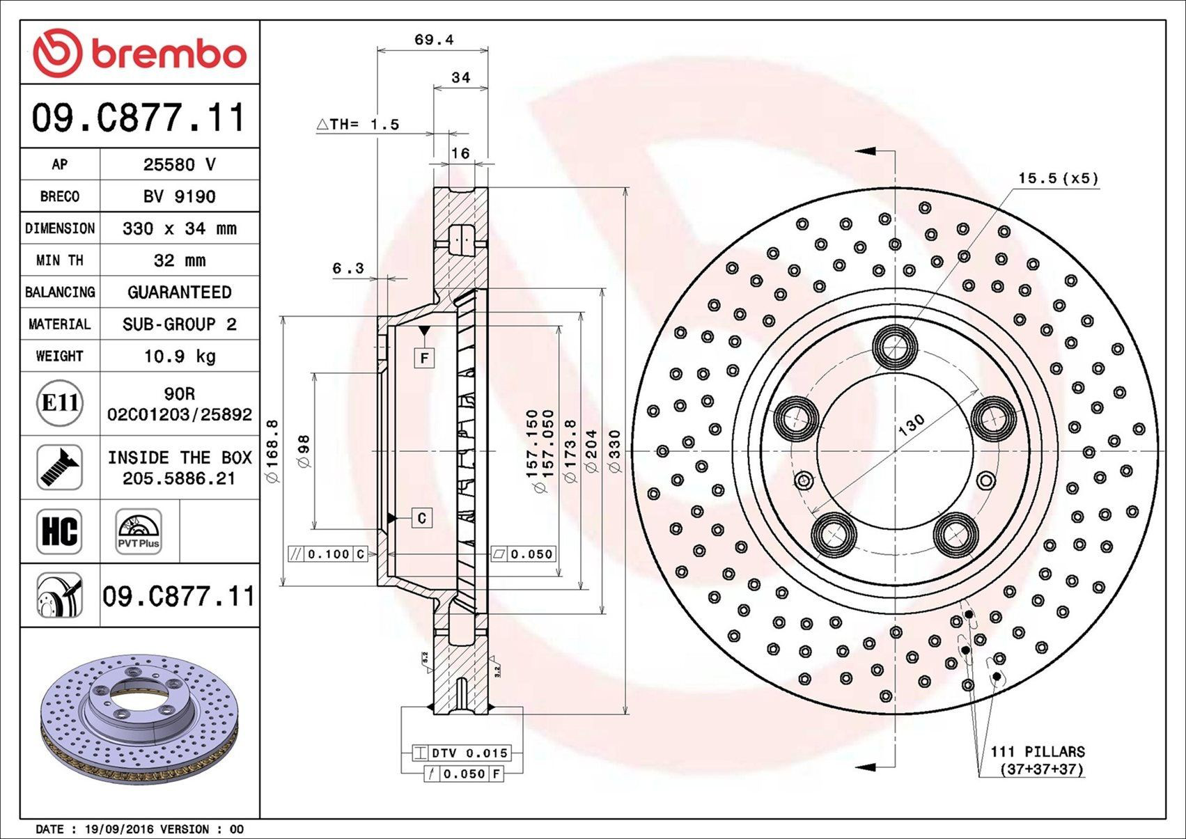 Диск переднього гальма Brembo 09C87711 ціна, від 126.59 USD