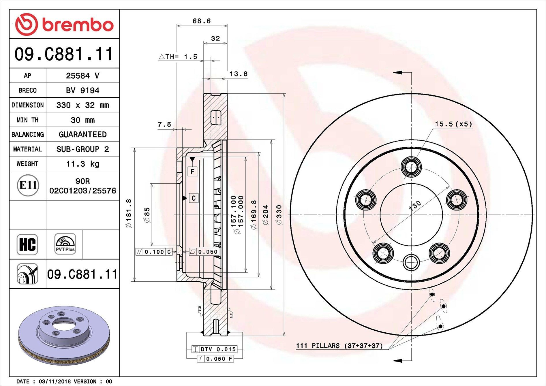 Диск переднього гальма Brembo 09C88111 ціна, від 86.28 USD
