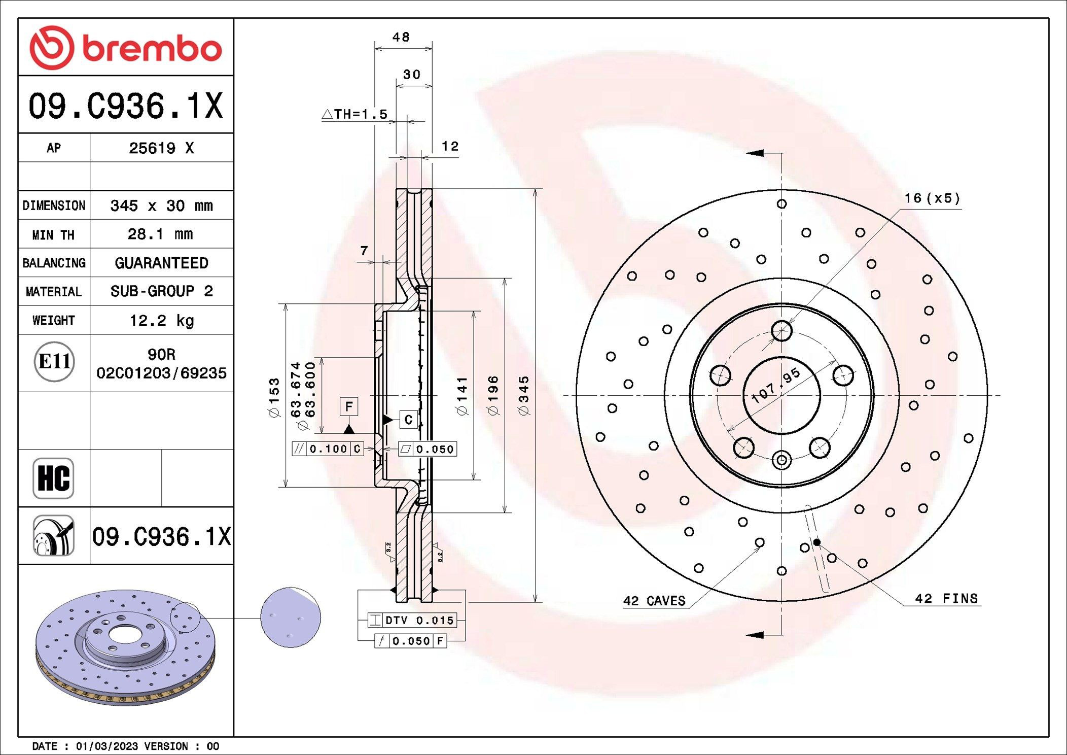 Диск переднього гальма Brembo 09C9361X ціна, від 89.18 USD