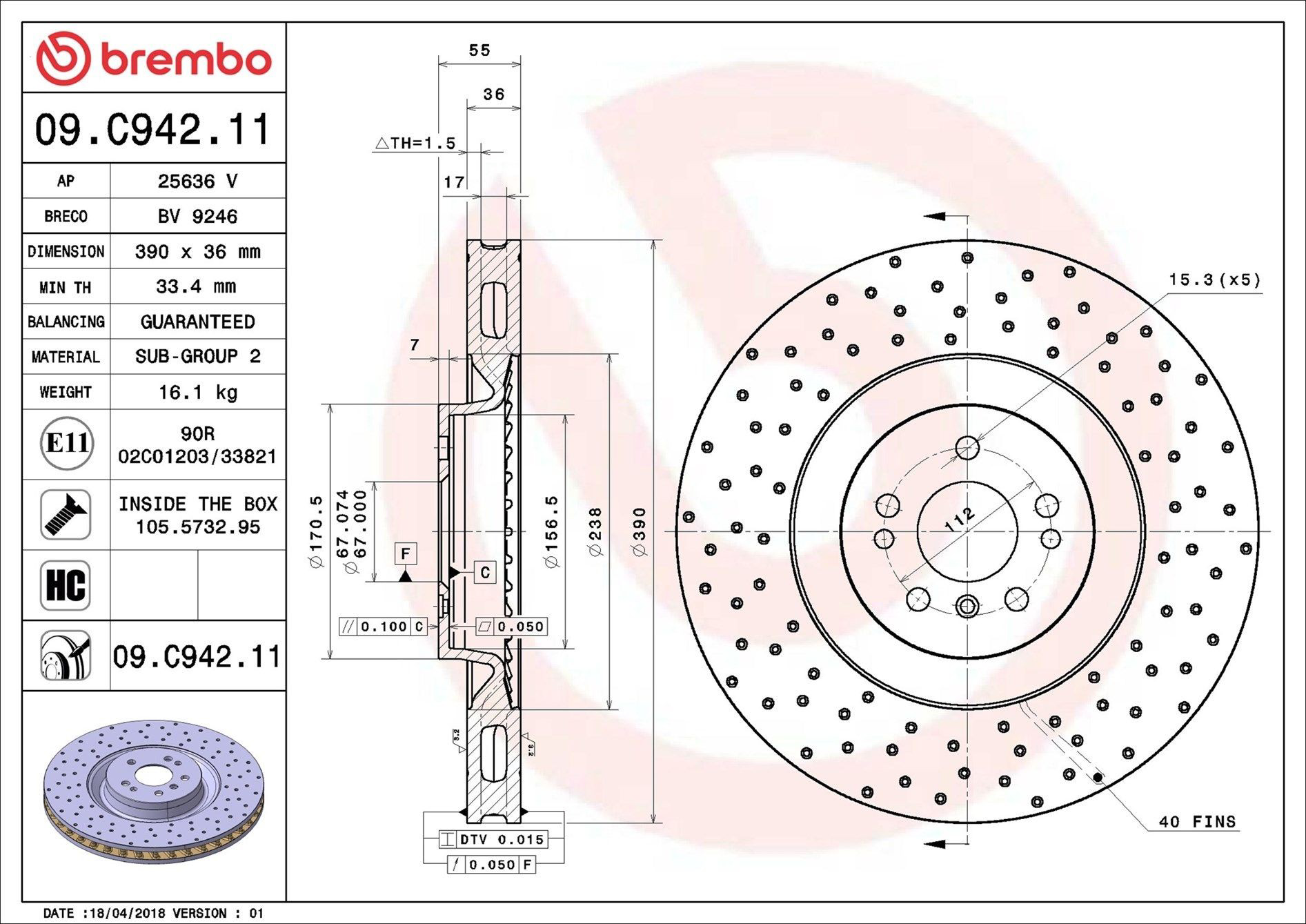 Диск переднього гальма Brembo 09C94211 ціна, від 164.73 USD
