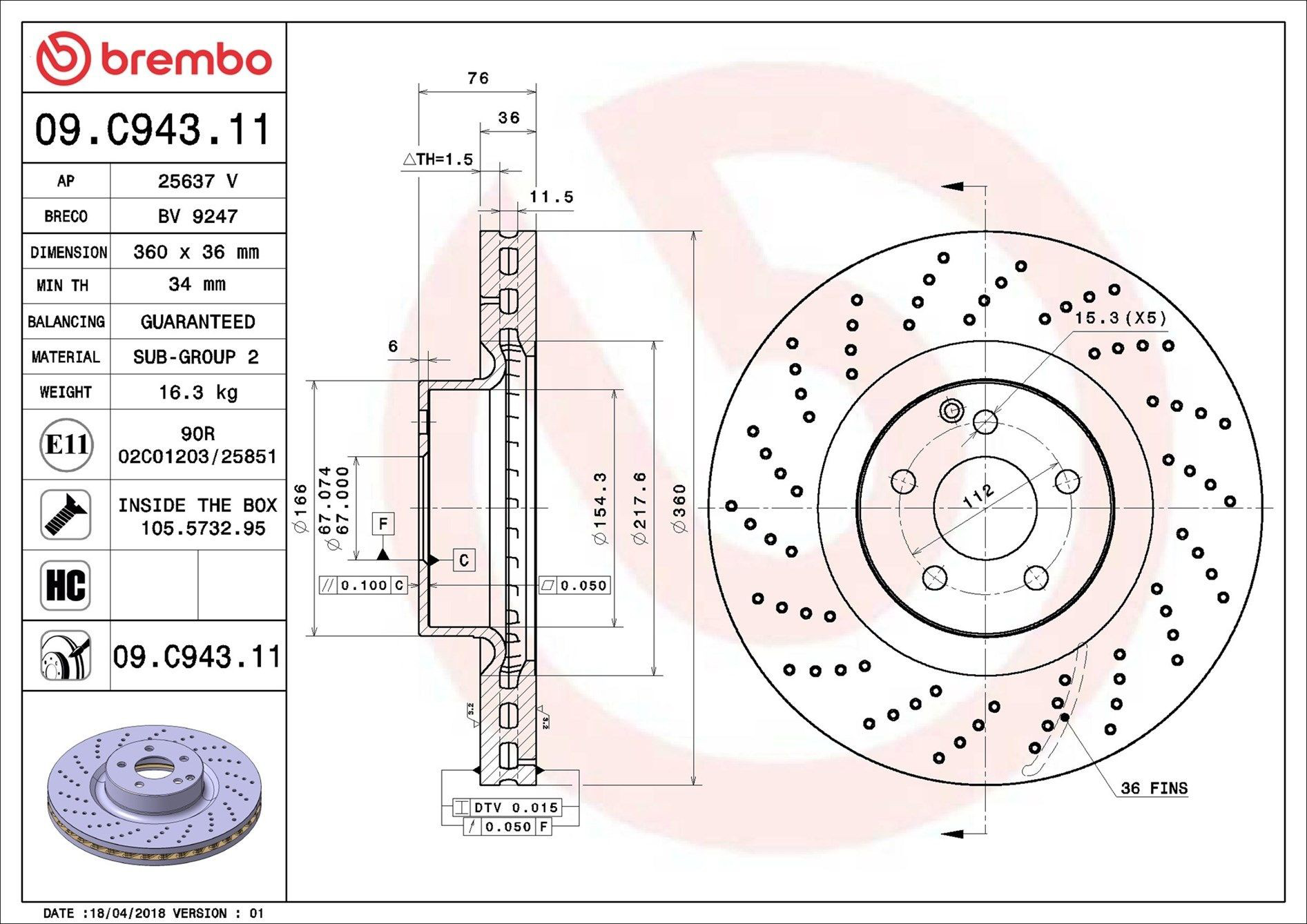 Купити 09C94311 Brembo Ротор гальмівний