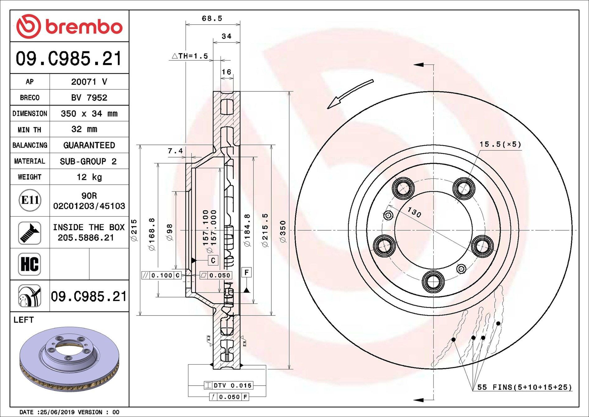 Диск переднього гальма Brembo 09C98521 ціна, від 130.27 USD