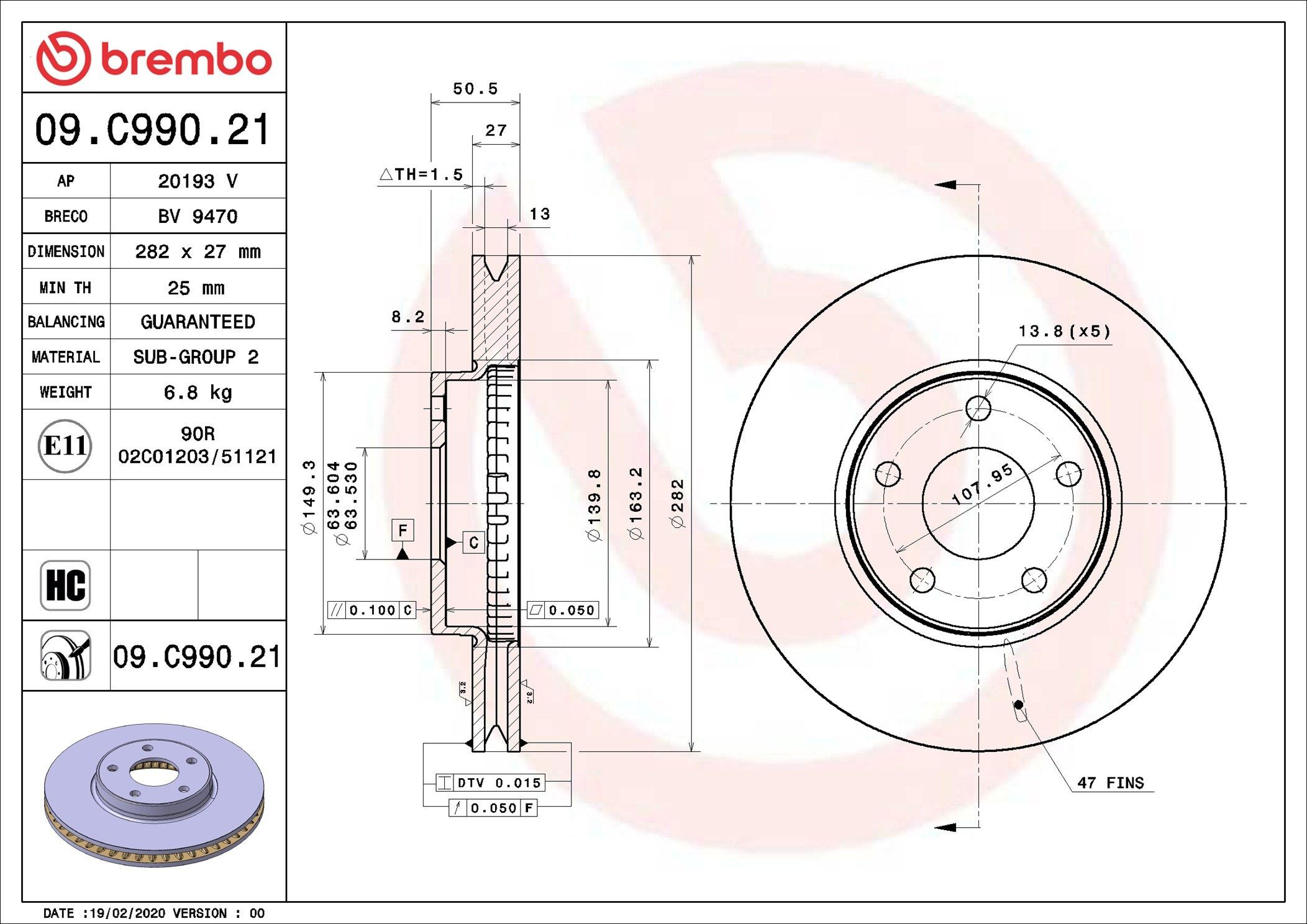 Диск переднього гальма Brembo 09C99021 ціна, від 56.48 USD